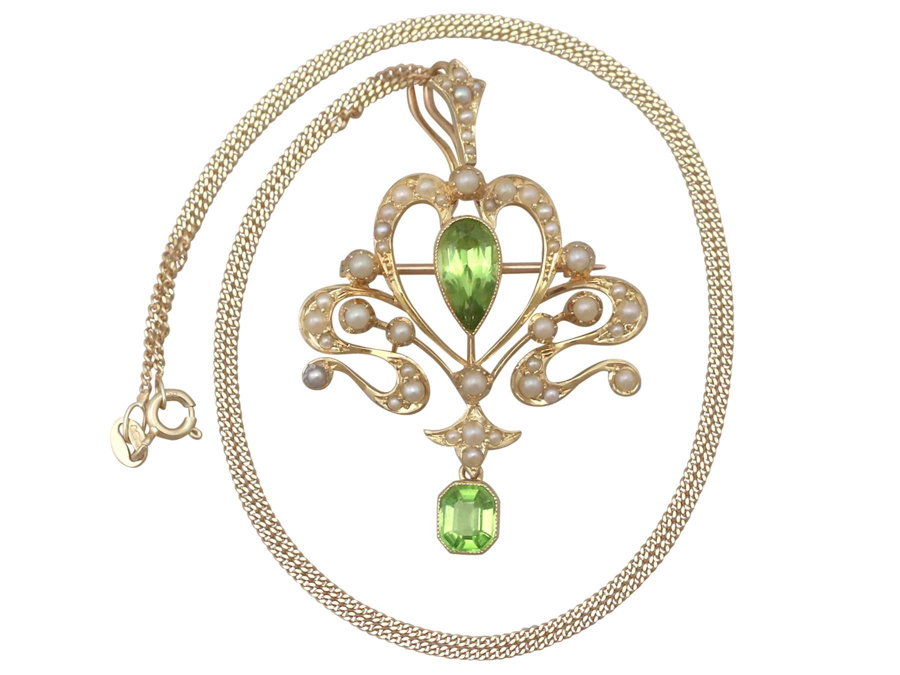An impressive antique Art Nouveau 2.32 carat peridot and seed pearl, 15 carat yellow gold pendant / brooch; part of our diverse antique jewellery and estate jewelry collections.

This fine and impressive pearl and peridot pendant brooch has been