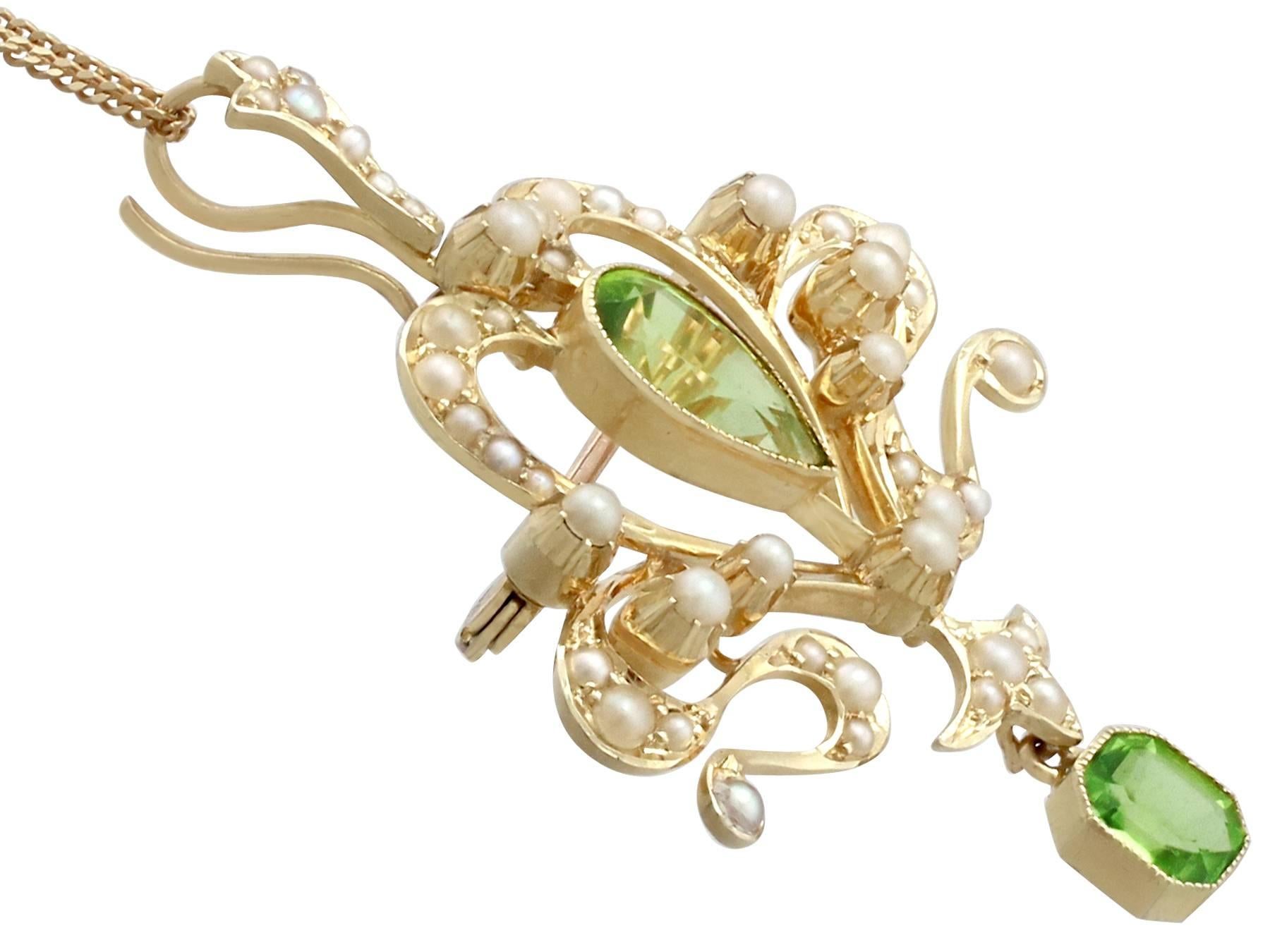 Antique Art Nouveau Style 2.32 Carat Peridot Seed Pearl 15 Karat Gold Pendant In Excellent Condition In Jesmond, Newcastle Upon Tyne