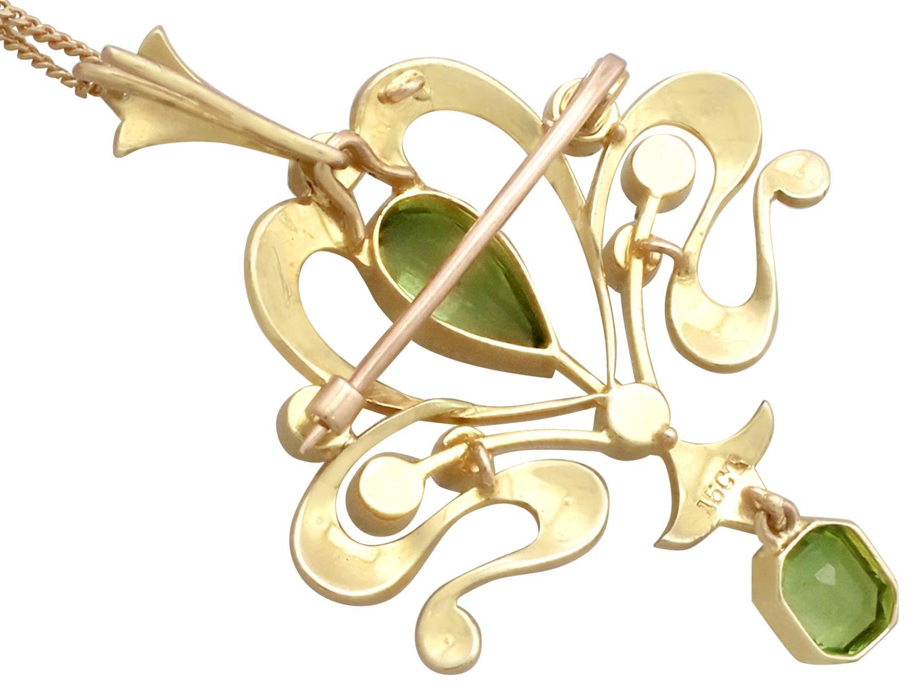 Antique Art Nouveau Style 2.32 Carat Peridot Seed Pearl 15 Karat Gold Pendant 1