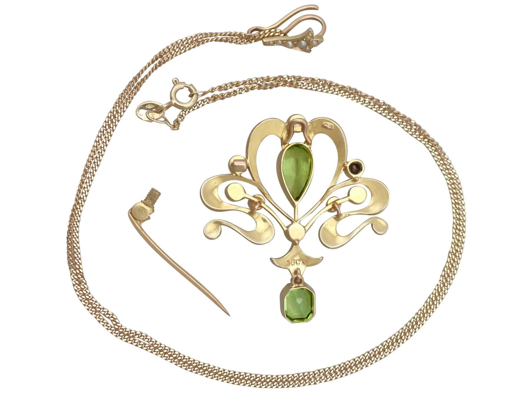 Antique Art Nouveau Style 2.32 Carat Peridot Seed Pearl 15 Karat Gold Pendant 2