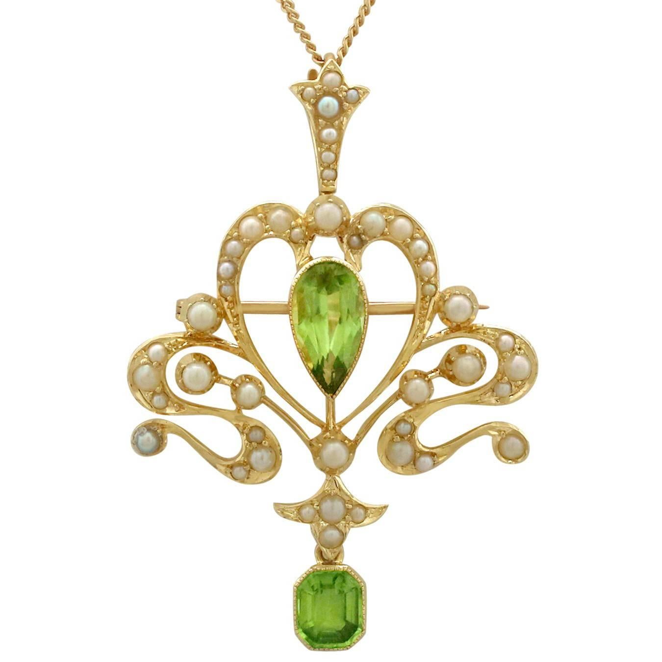 Antique Art Nouveau Style 2.32 Carat Peridot Seed Pearl 15 Karat Gold Pendant
