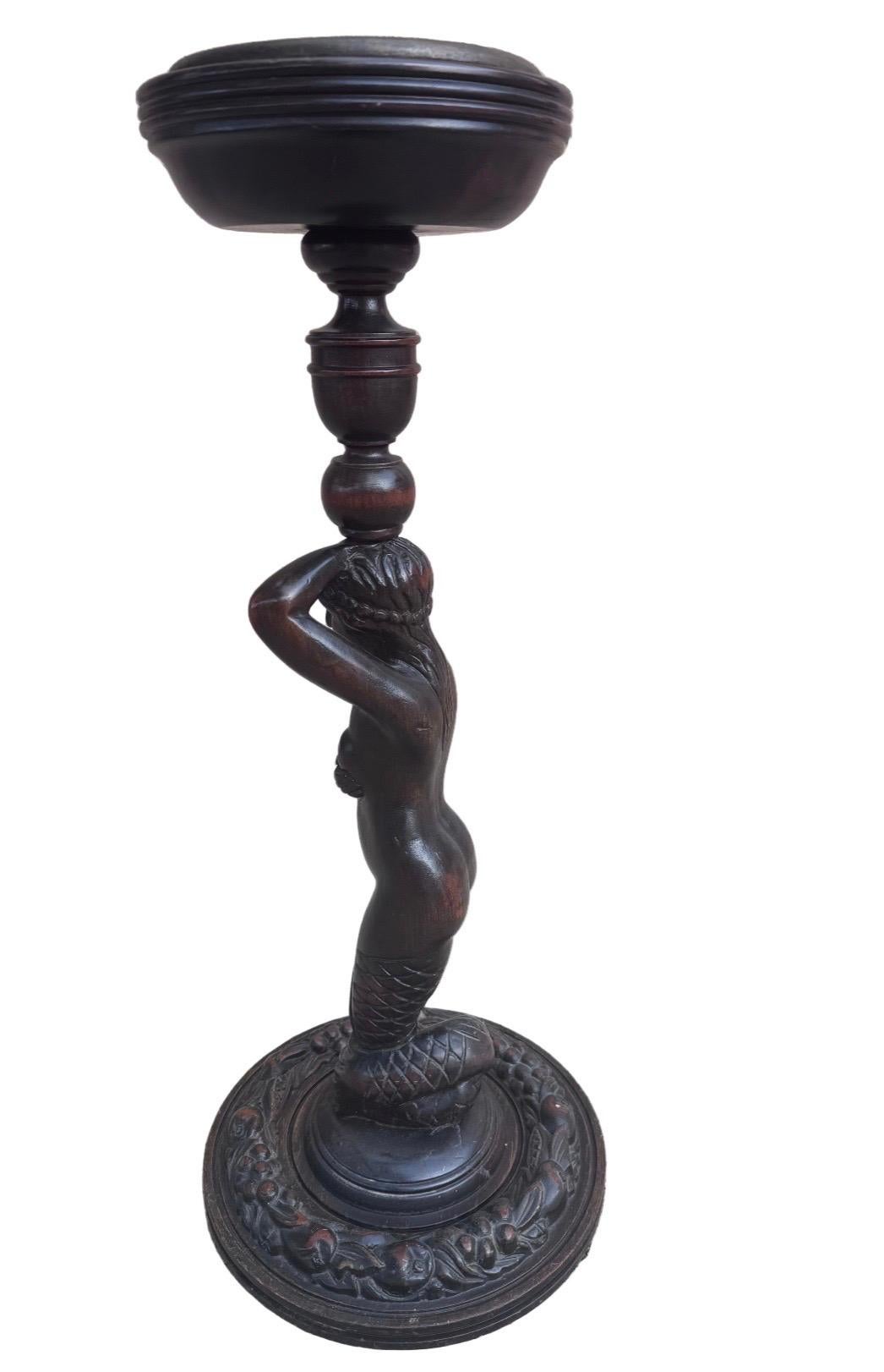 Antique Art Nouveau Style Mahogany Mermaid Foor Ashtray Cartray Smoking Stand en vente 3