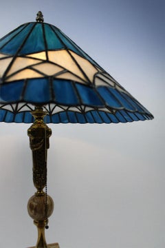 Antique Art Nouveau Table Lamp Germany Marble Glass Blue Handcraft Tiffany Style