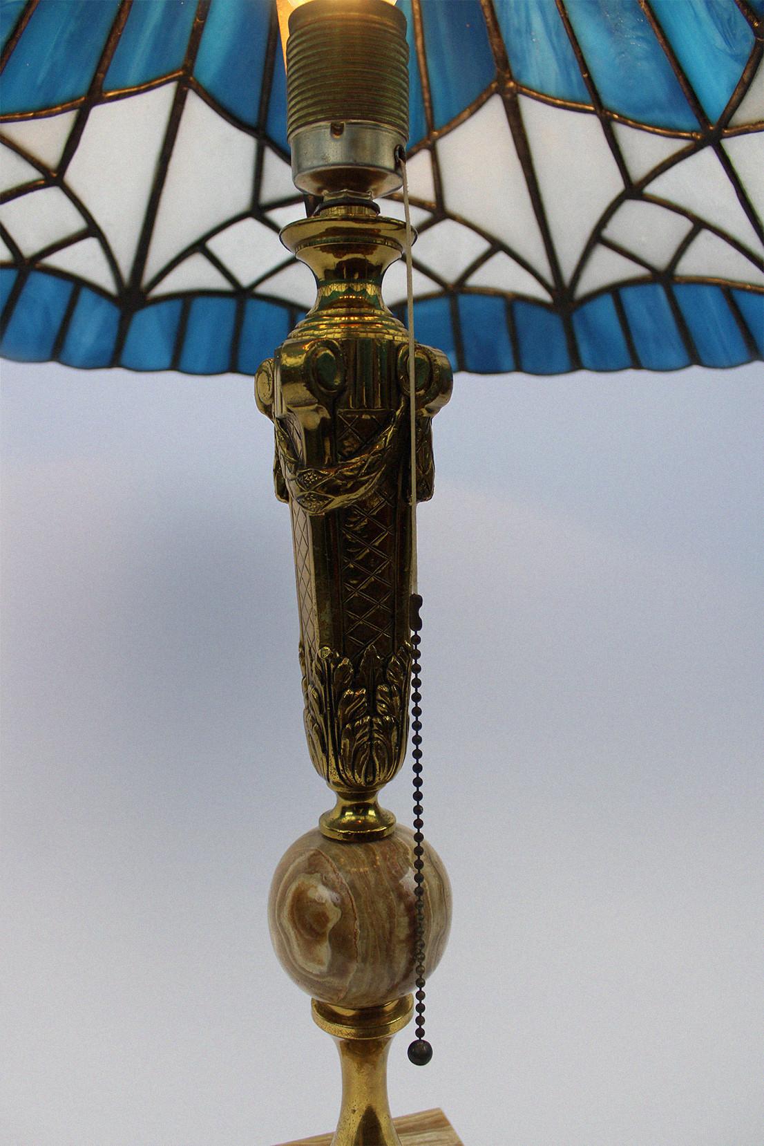 Antique Art Nouveau Table Lamp Germany Marble Glass Blue Handcraft Tiffany Style In Good Condition For Sale In Antwerpen, BE