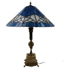 Arte Antiques Art Nouveau Lampe de table Allemagne Marbre Verre Bleu Handcraft Tiffany Style