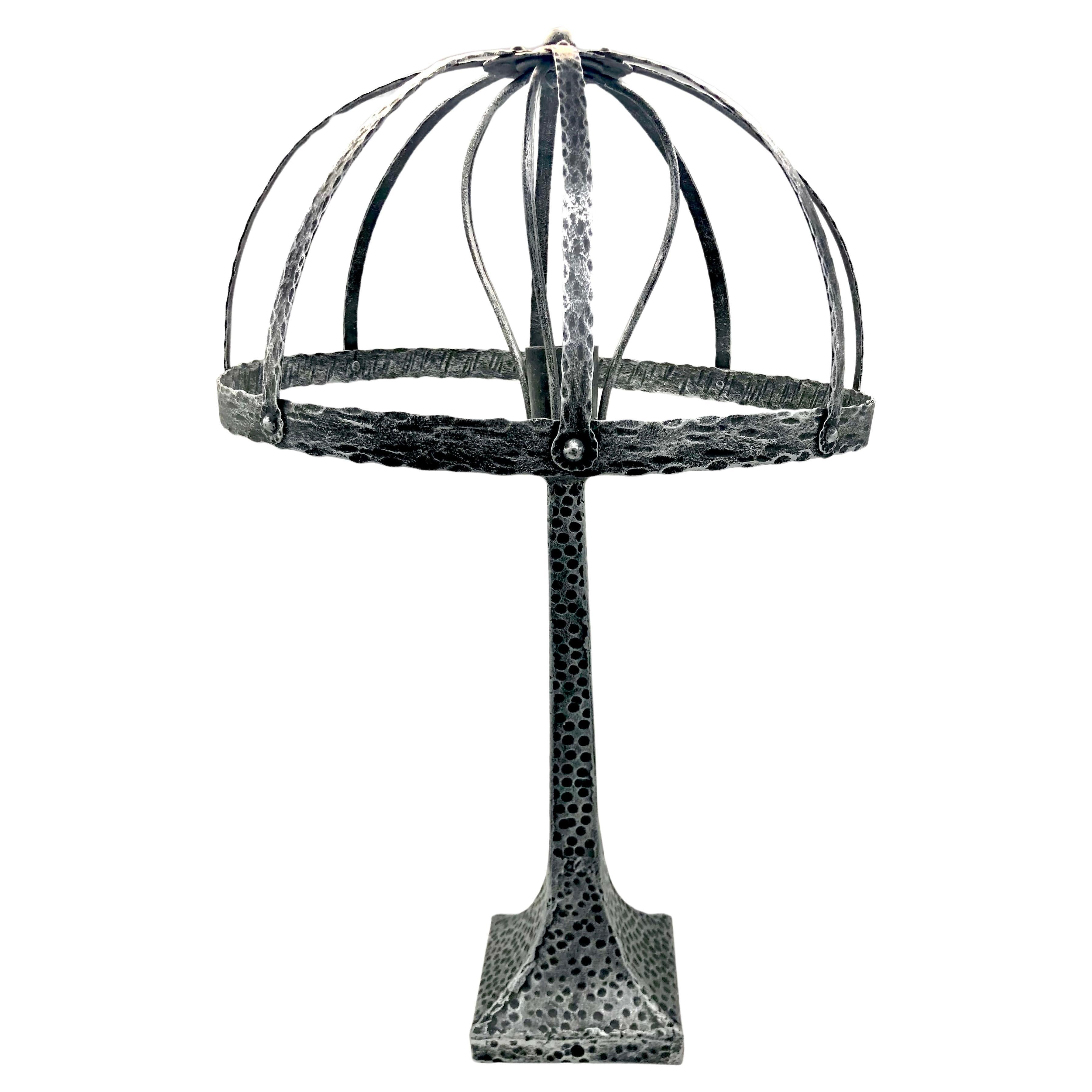 Antique Art Nouveau Table Lamp Wrought and Hammered Iron Not Electrified For Sale
