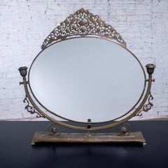 Antike Art Nouveau Tischplatte Vanity Oval abgeschrägten Spiegel w/Kerzenhalter