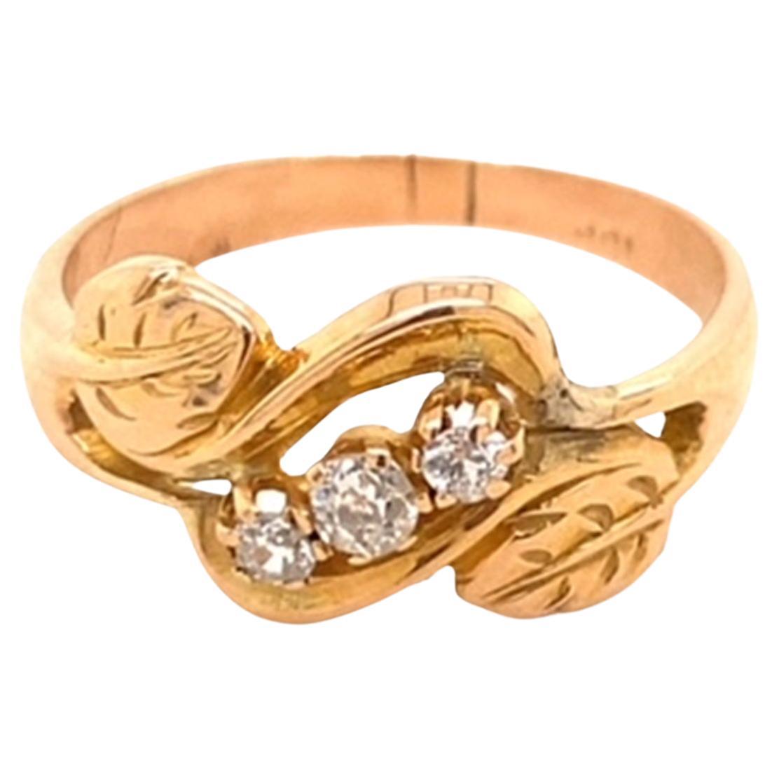 Bague Ancienne Française Or 14K Diamant - Style Art Nouveau Floral - État Antique Excellent