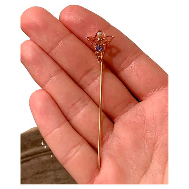 Subtle Tie Pin Antique Art Nouveau Tie Pin Stick Pin Sapphire 14 Karat Gold For Sale ...