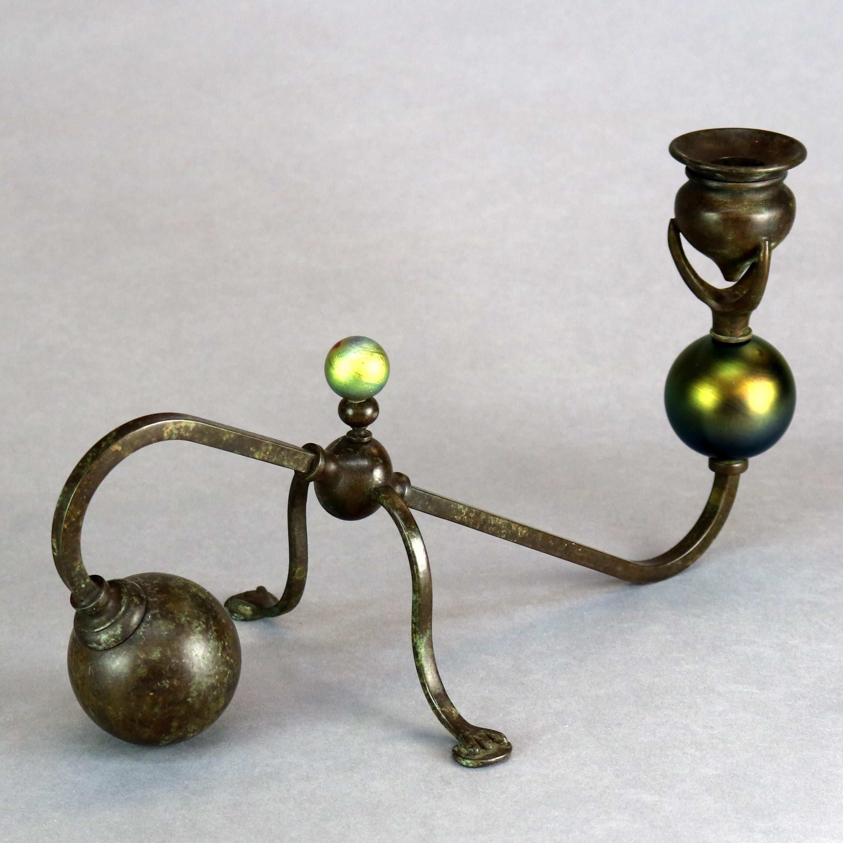 Art Nouveau Art Glass & Bronze Candelabra After Tiffany Studios, 20th C In Good Condition In Big Flats, NY