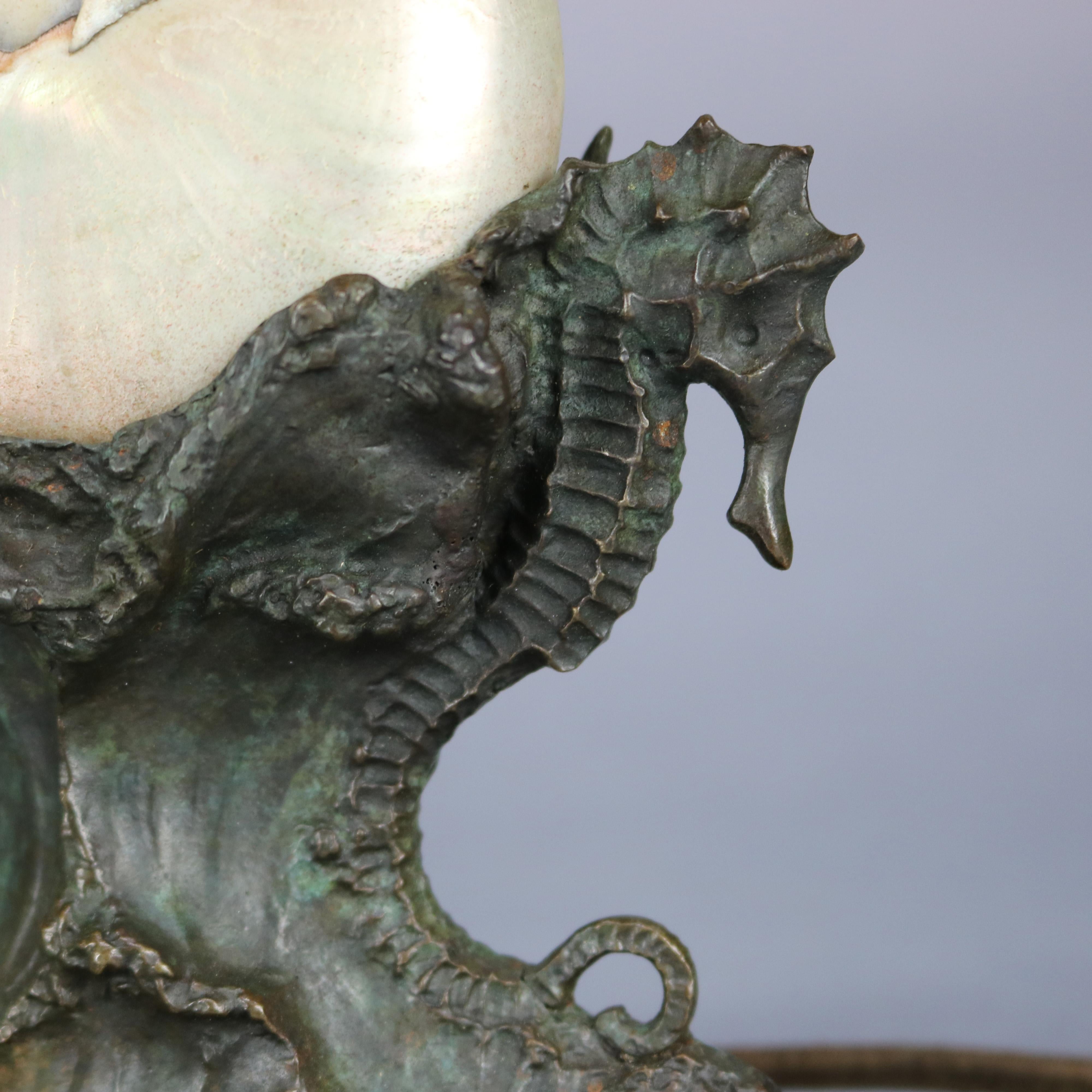 20th Century Antique Art Nouveau Tiffany Studios Nautical Seashell & Bronze Lamp, c 1920