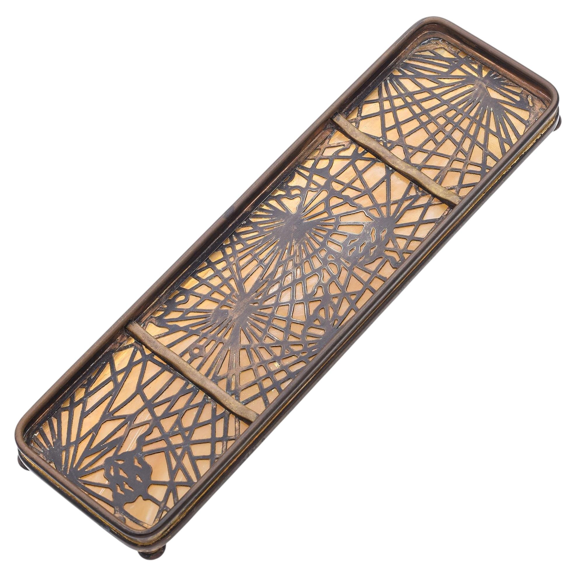 Antique Art Nouveau Tiffany Studios NY Pine Needle Bronze & Slag Glass Pen Tray