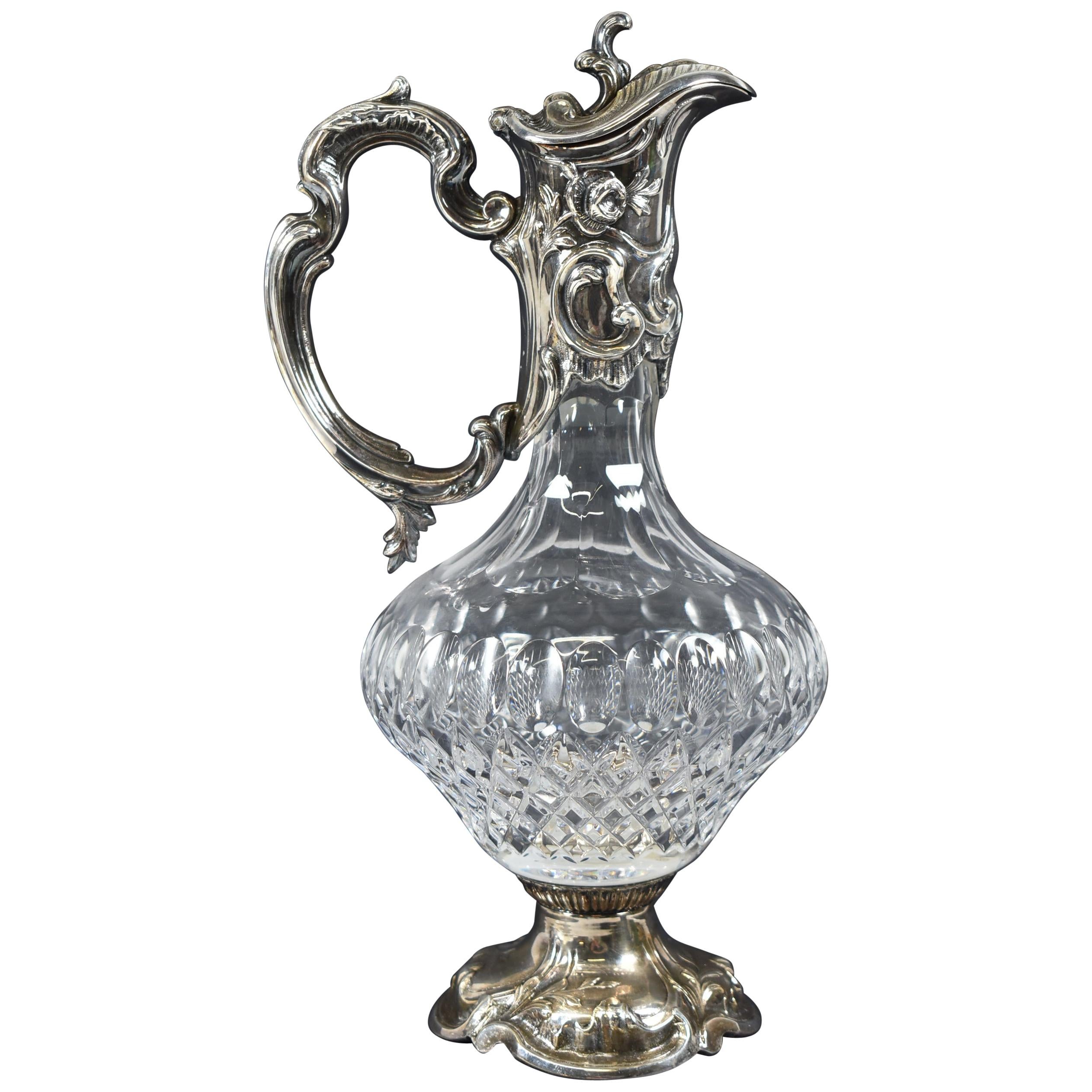 Antique Art Nouveau Topazio Silver Plate and Cut Glass Pitcher Caraffe Claret For Sale