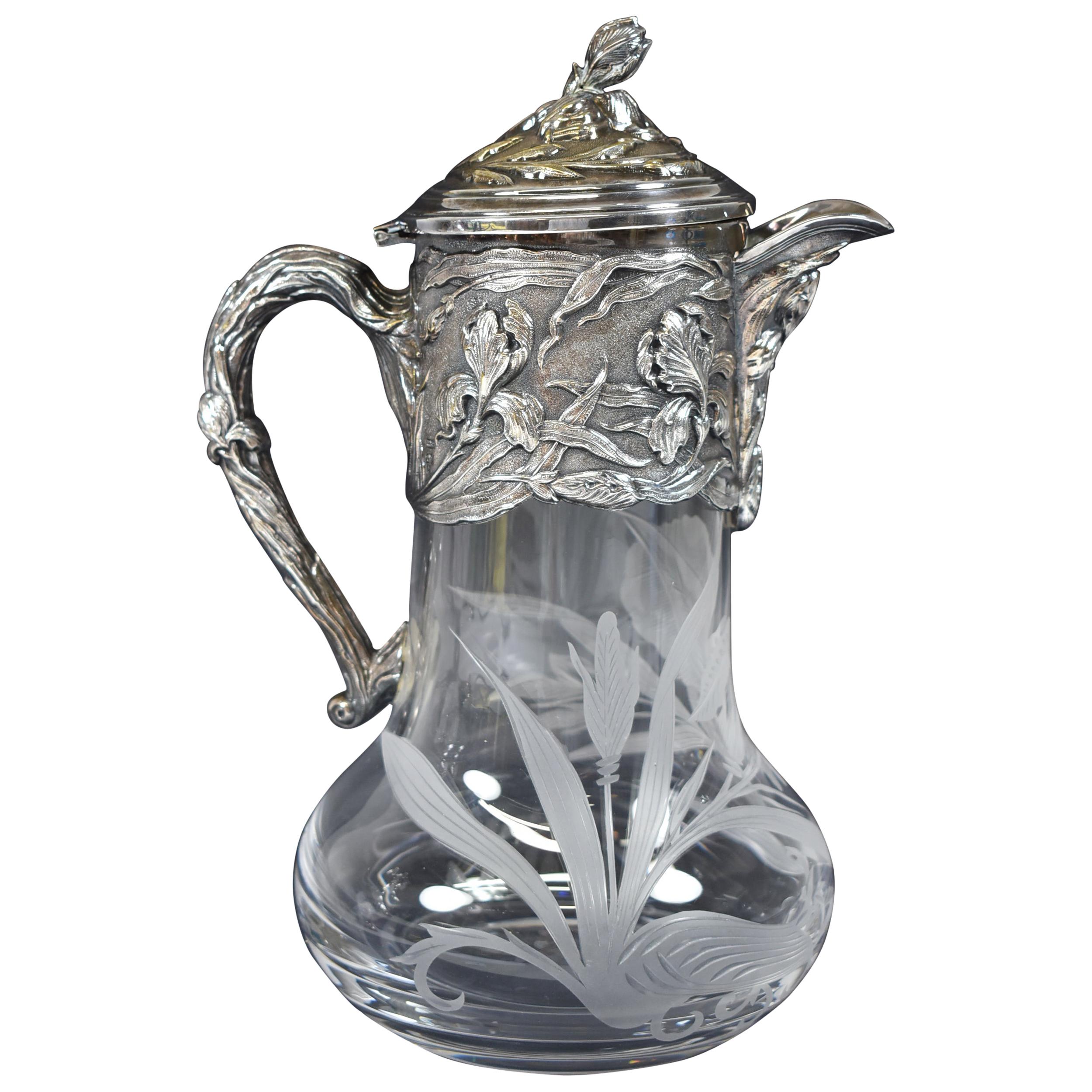 Antique Art Nouveau Topazio Silver Plate and Etched Glass Carafe/Pitcher/Claret For Sale