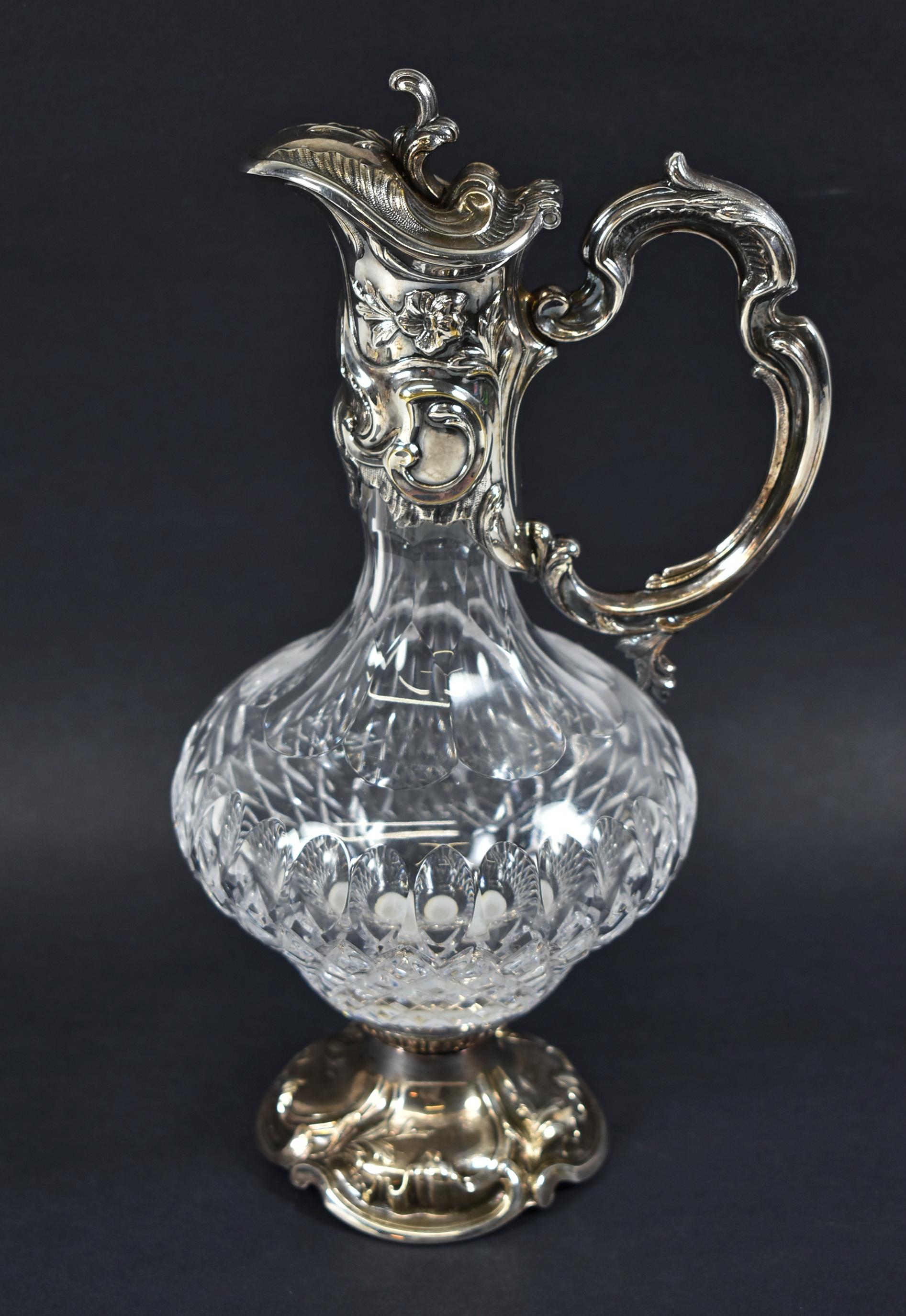 Antique silver plate Art Nouveau Topazio silver plate and cut glass pitcher / caraffe / claret. Holds 28 fl ounces. Very good condition. Dimensions: 7