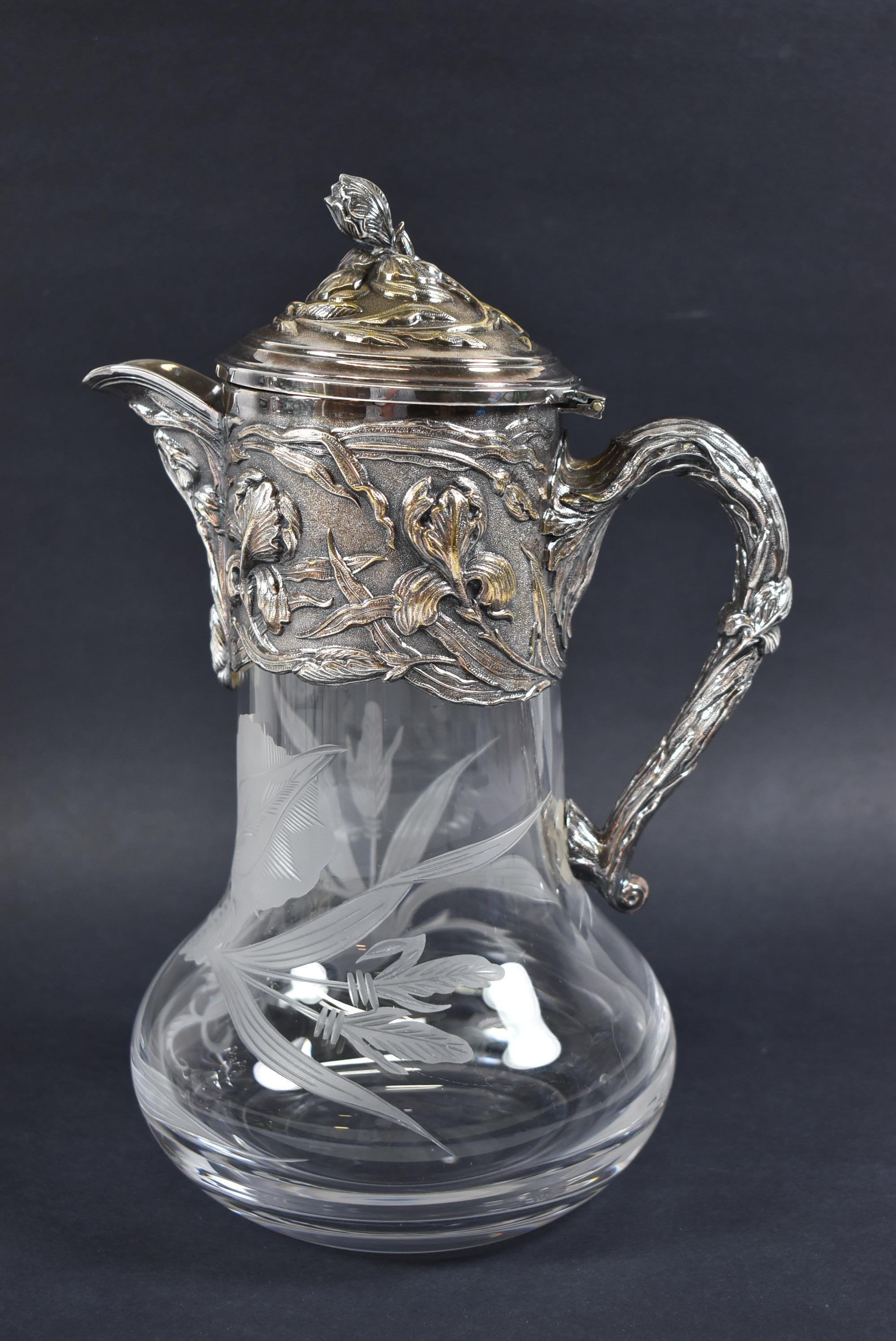 Antique Art Nouveau Topazio silver plate and etched glass carafe or pitcher or claret. Iris designs in the glass and silver plate. Very good condition. Dimensions: 5