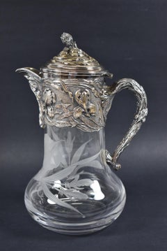 Antique Art Nouveau Topazio Silver Plate and Etched Glass Carafe/Pitcher/Claret