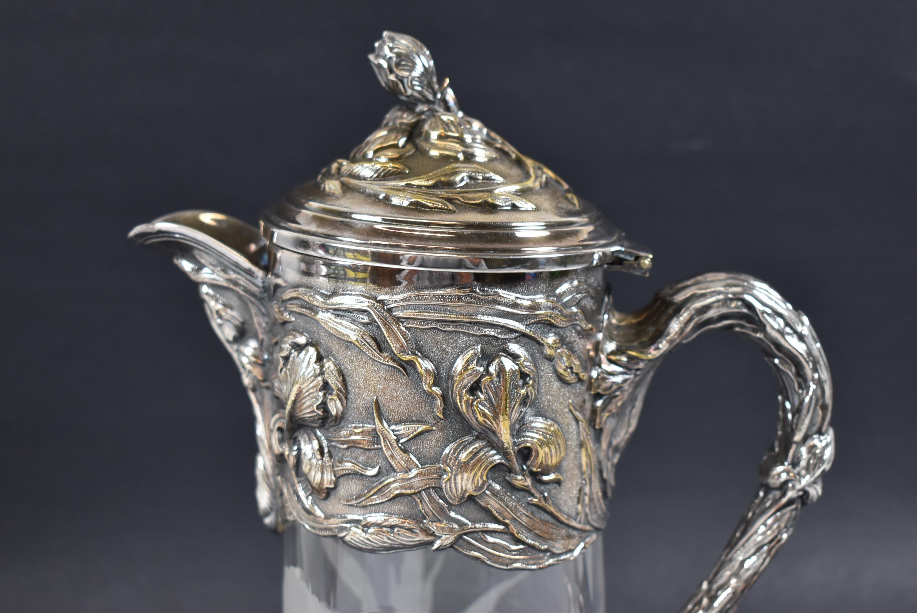 Inconnu Carafe/Pitcher/Claret antique Art Nouveau Topazio en métal argenté et verre gravé en vente