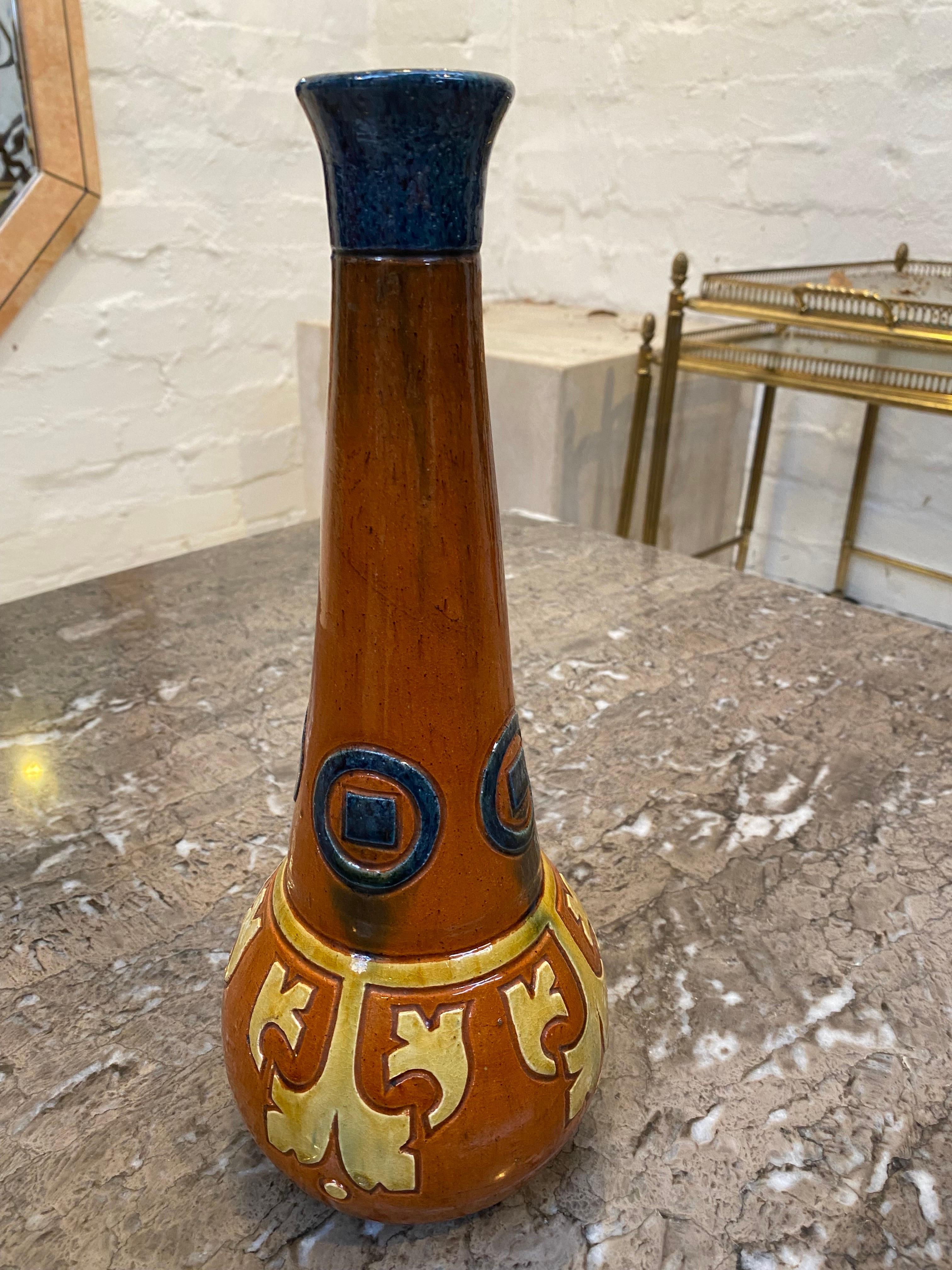 An Art Nouveau Flemish earthenware vase from Torhout, dating to the early 1900s. The simple, attractive shape and incised design are typical of the Flemish pottery or 'Poterie Flamande' of the region and period. A lovely design and now officially an