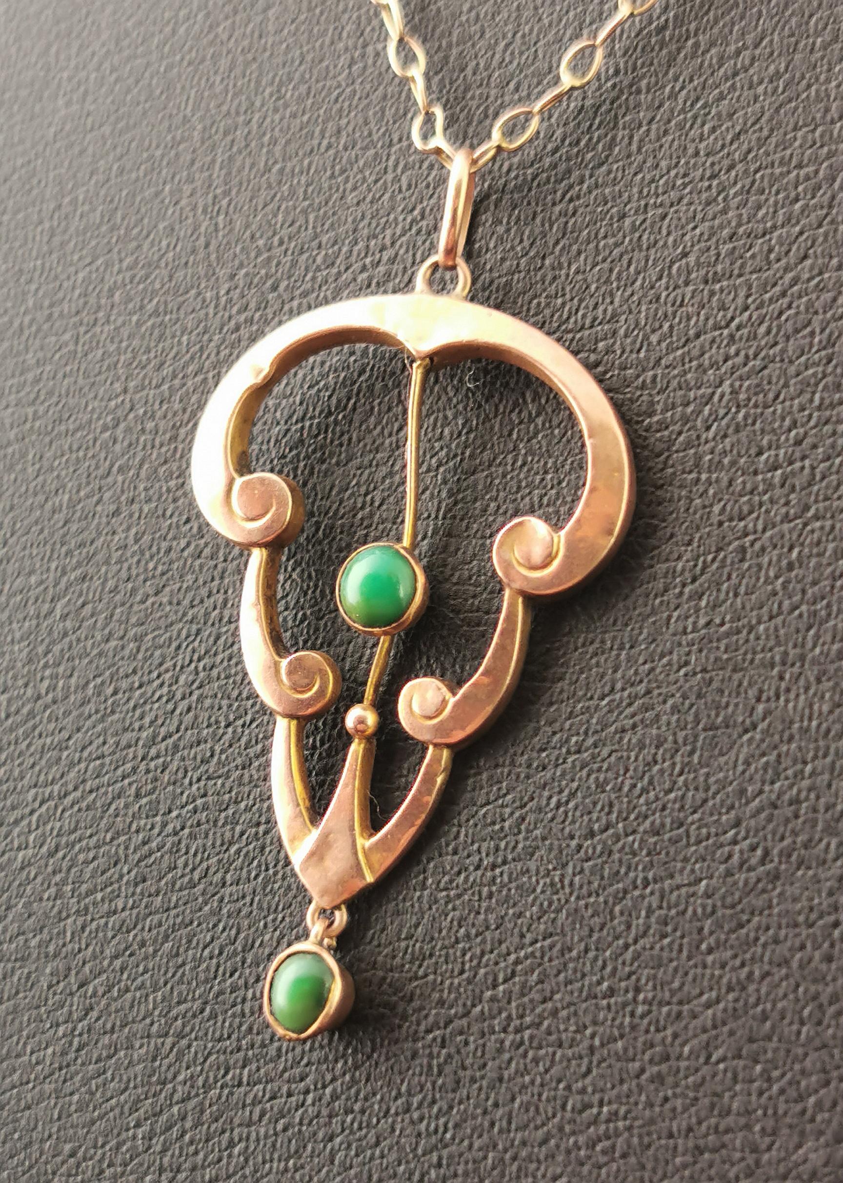 Antique Art Nouveau Turquoise Lavalier Pendant, 9k Rose Gold, Necklace 3