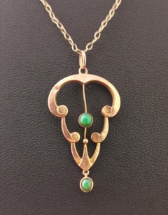 Antique Art Nouveau Turquoise Lavalier Pendant, 9k Rose Gold, Necklace