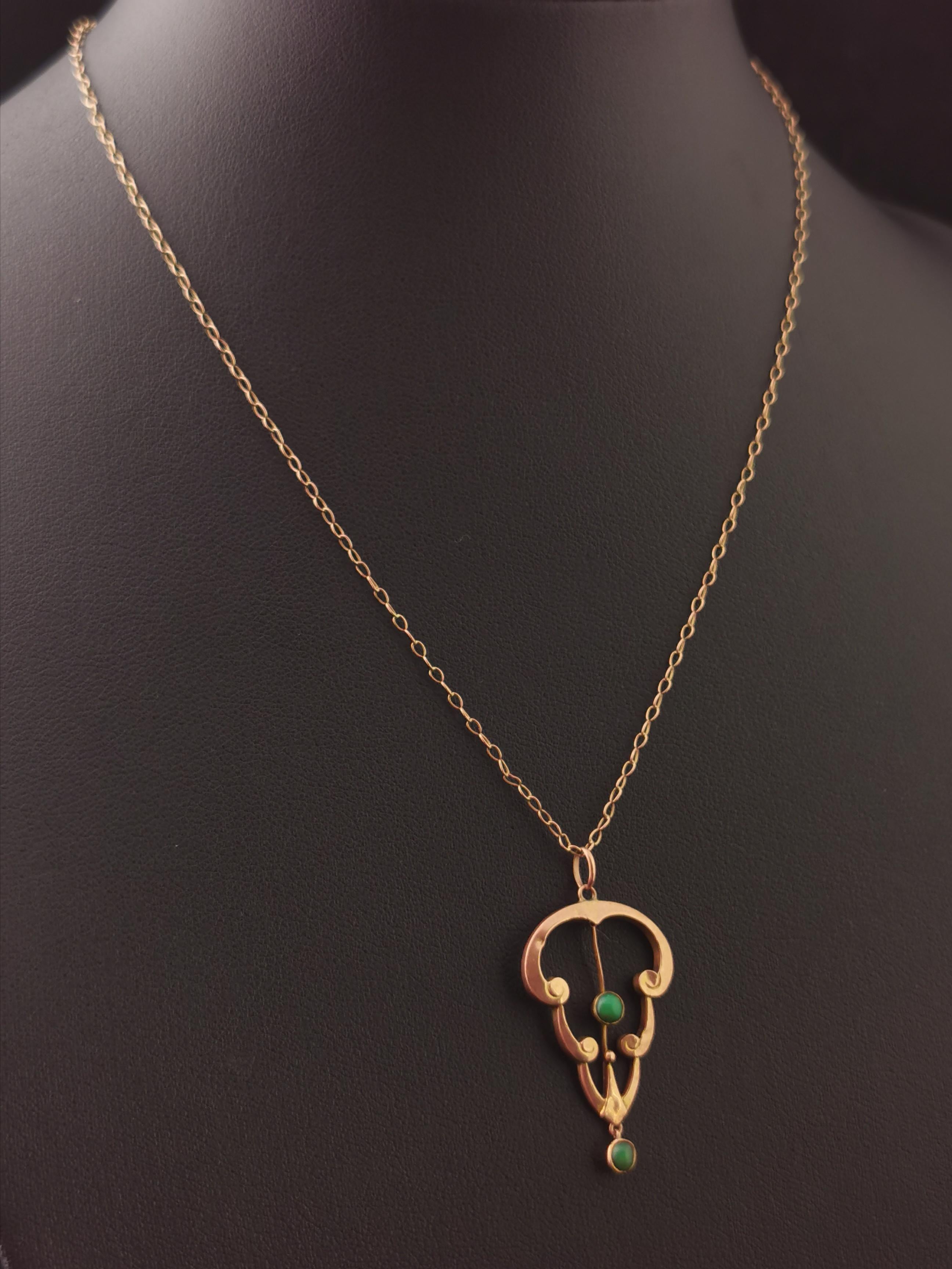Antique Art Nouveau Turquoise Lavalier Pendant, 9k Rose Gold, Necklace 2