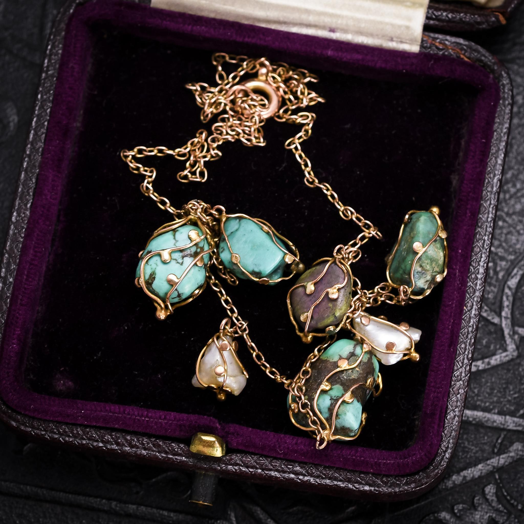 Antique Art Nouveau Turquoise Matrix Baroque Pearl Necklace In Excellent Condition In Sale, Cheshire