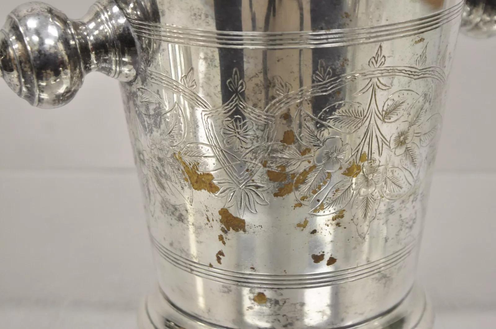 Antique Art Nouveau Twin Knob Handle Silver Plated Champagne Chiller Ice Bucket For Sale 4