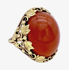 Antique Art Nouveau 14 Karat Gold Cocktail Ring Carnelian Cabochon Vine Leaf