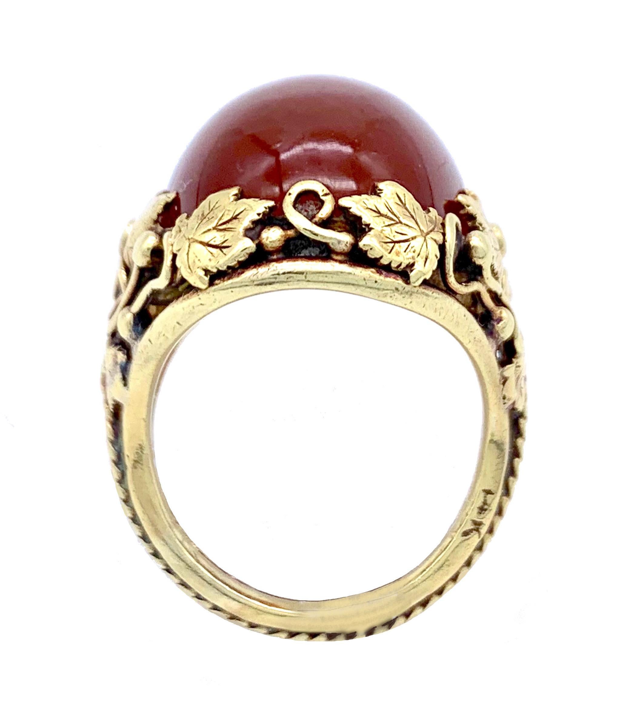 Women's or Men's Antique Art Nouveau 14 Karat Gold Cocktail Ring Carnelian Cabochon Vine Leaf 
