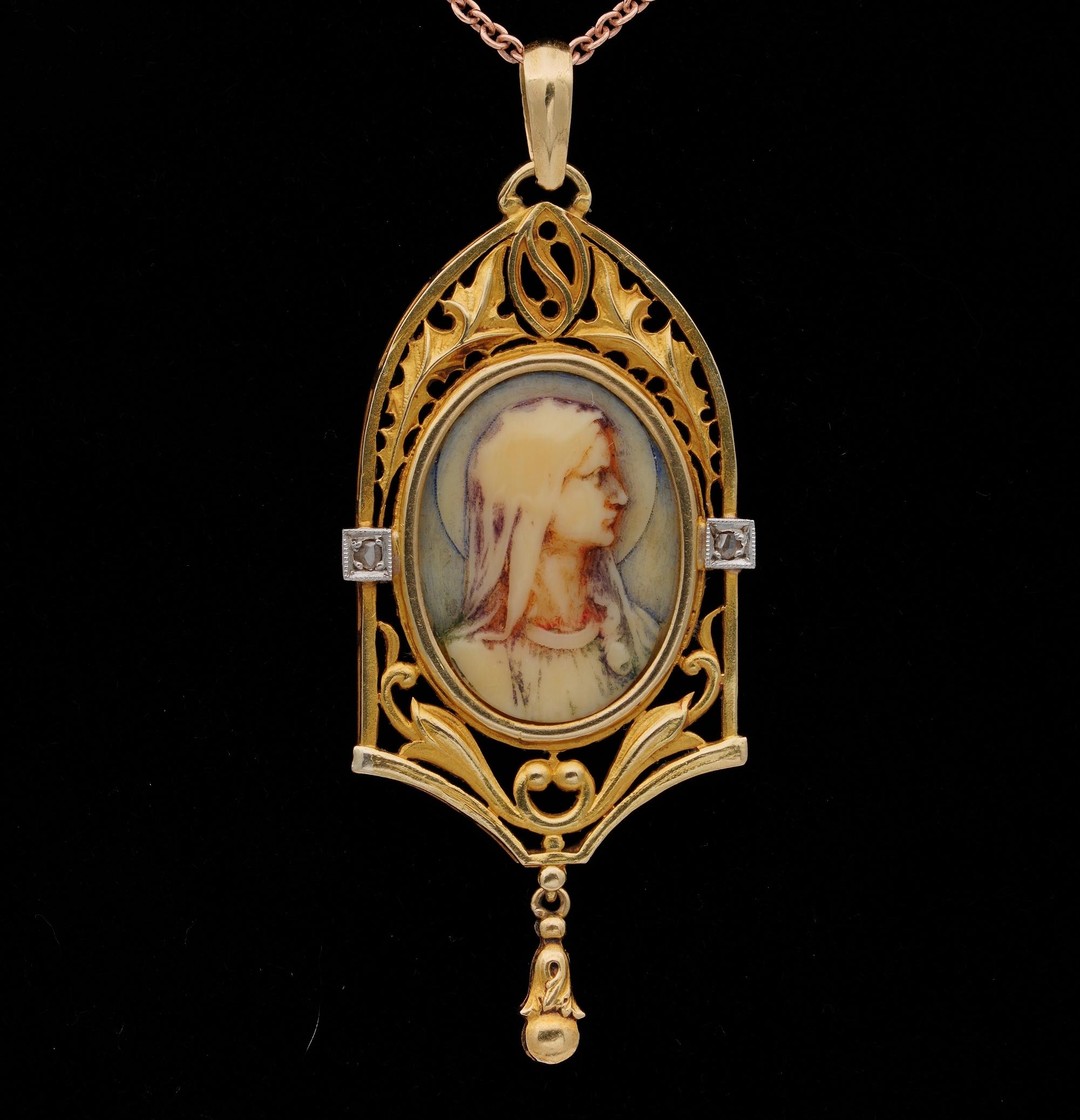 Past Emotion

Beautiful antique from the Art Nouveau period is this charming pendant boasting marvellous workmanship, artistry made of solid 18 KT gold
The gold details are amazing framing the Virgin Mary skilfully carved from organic material and