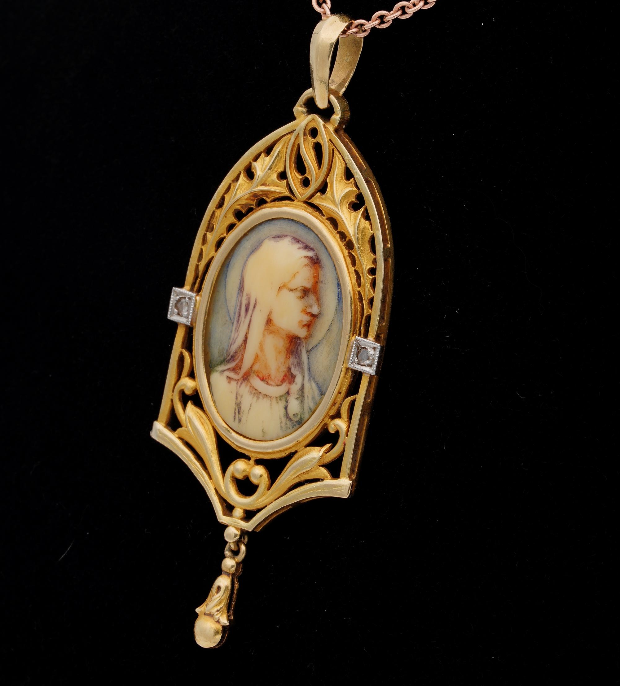 Women's or Men's Antique Art Nouveau Virgin Mary Beautiful Cameo Pendant For Sale