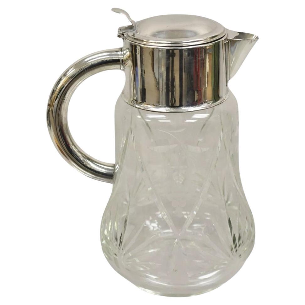 Antique Art Nouveau West Germany Cut Glass Jug Pitcher w/ Silver Plated Collar