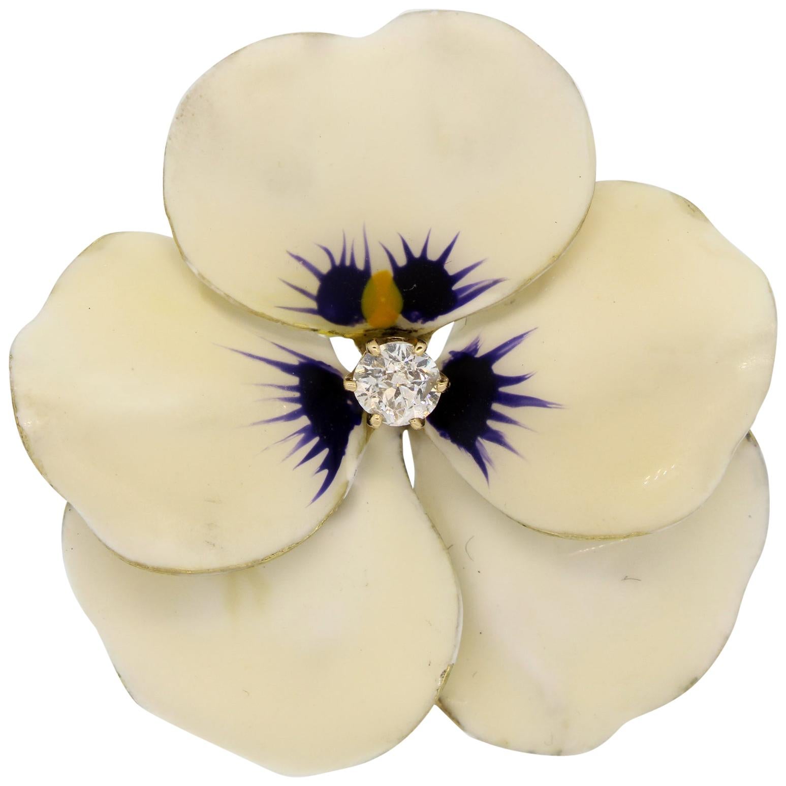 Antique Art Nouveau White Enamel 14 Karat Gold Diamond Pansy Pin by Hedges & Co.