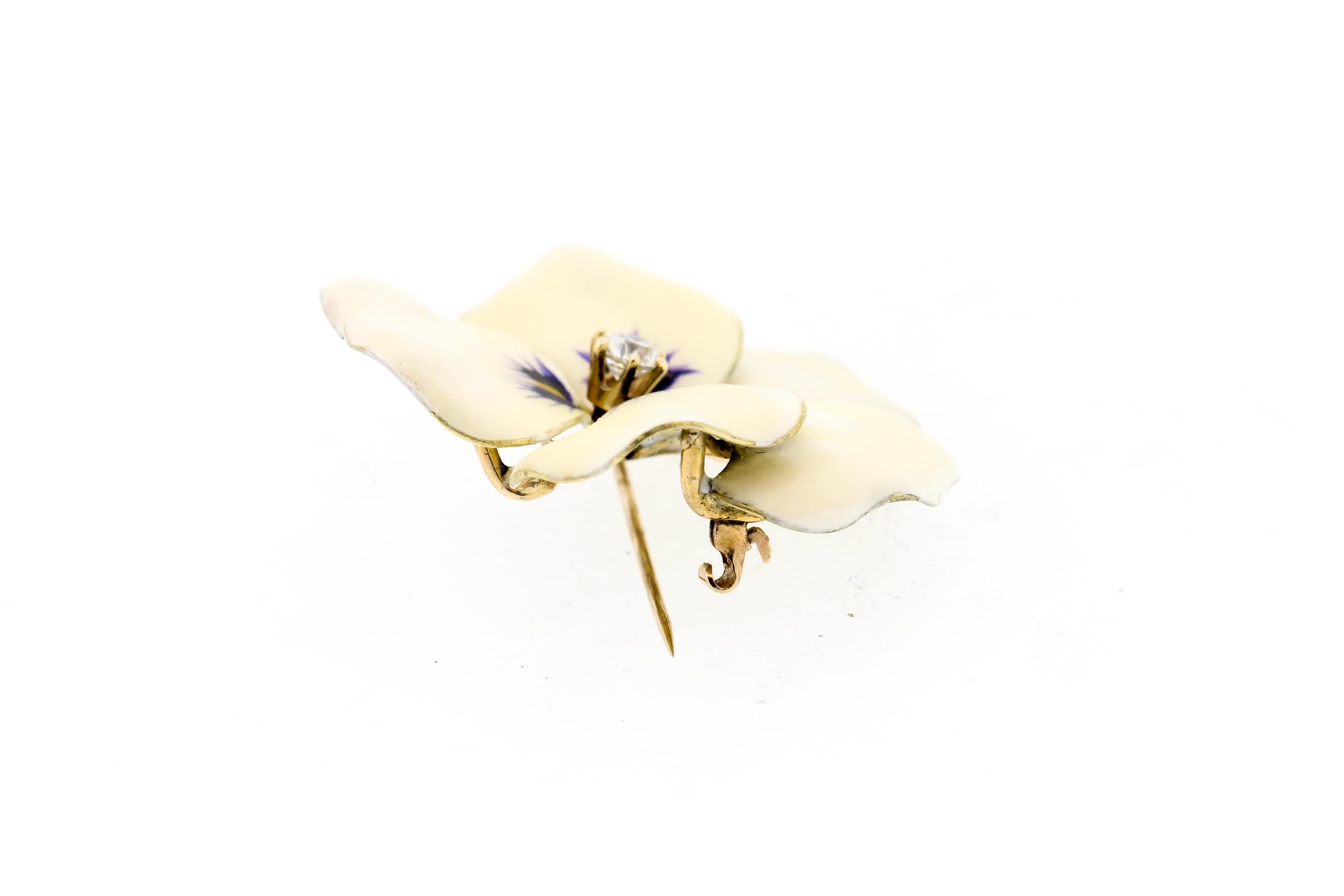 Antique Art Nouveau White Enamel 14 Karat Gold Diamond Pansy Pin by Hedges & Co. 1