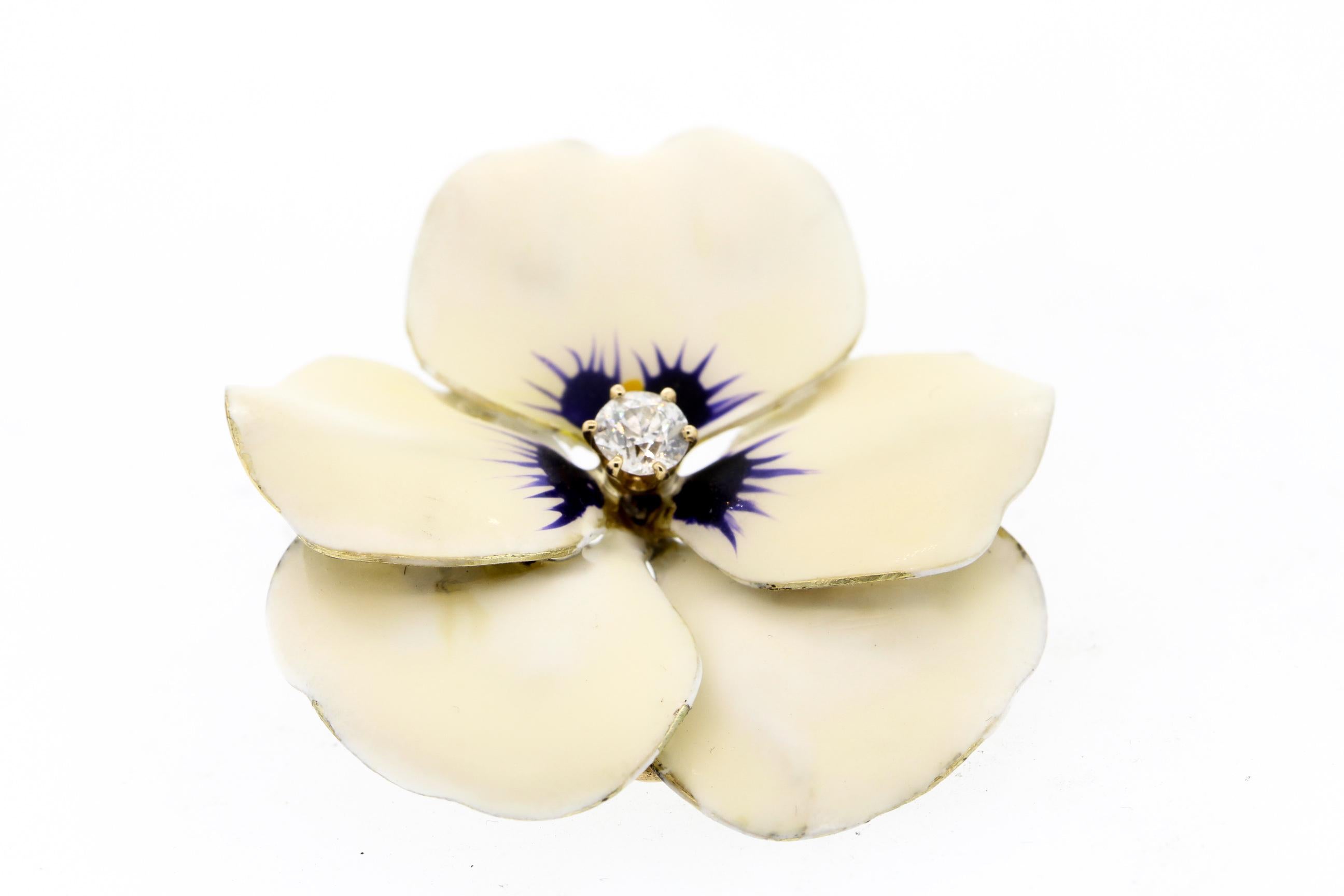 Antique Art Nouveau White Enamel 14 Karat Gold Diamond Pansy Pin by Hedges & Co. 2