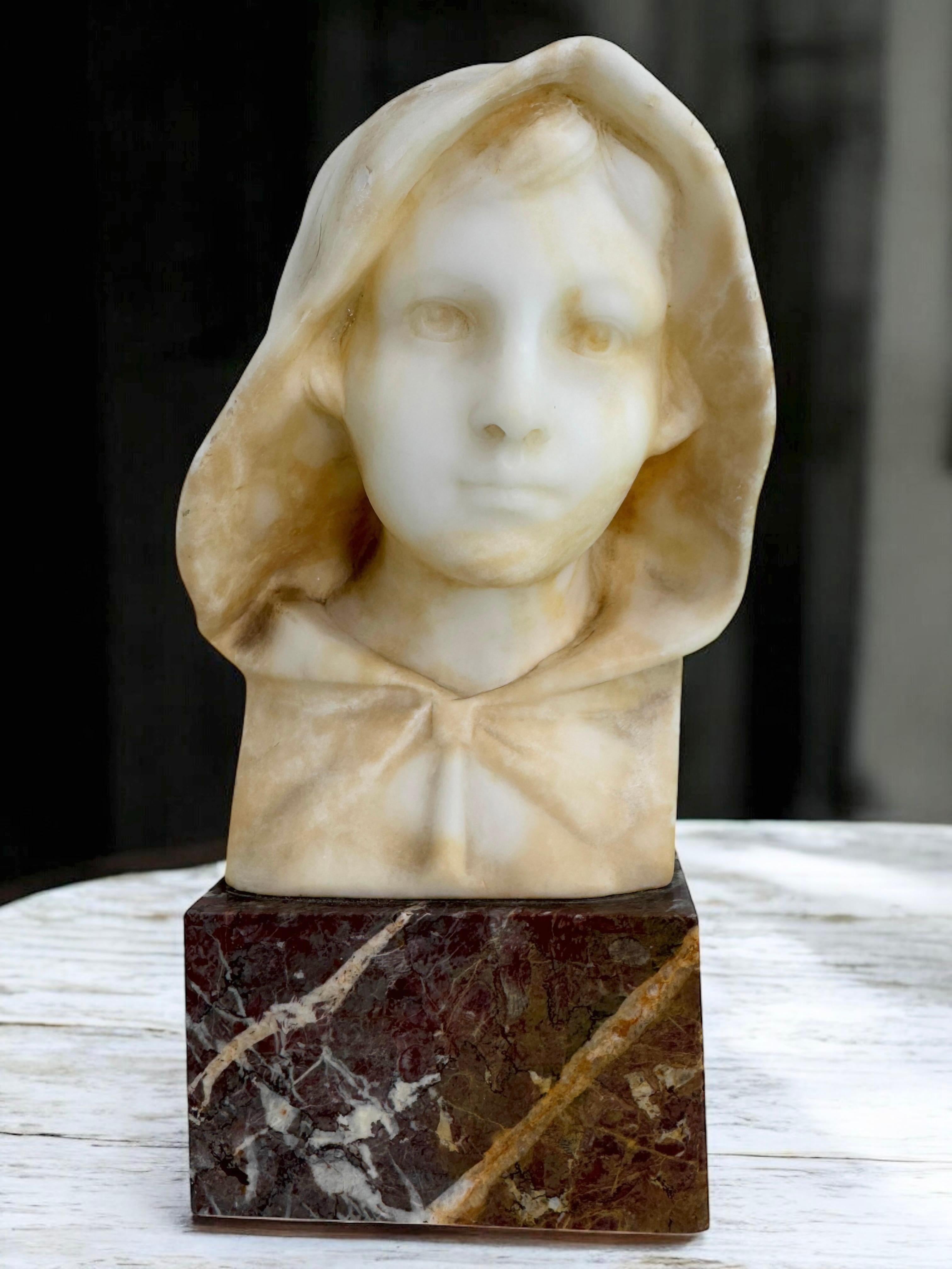 Antique Art Nouveau White Marble Bust of a Female Lady Wearing a Bonnet For Sale 4