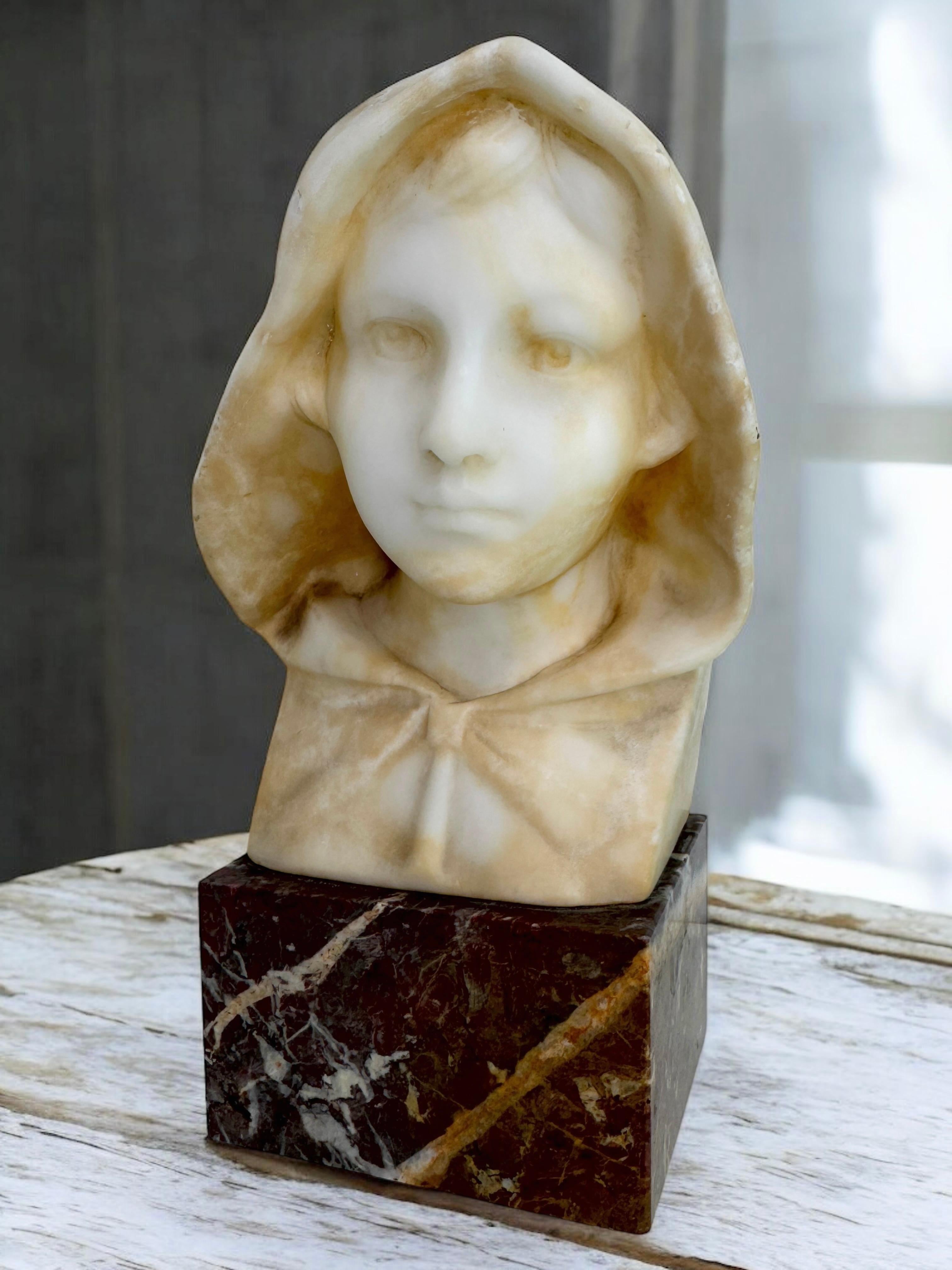 Antique Art Nouveau White Marble Bust of a Female Lady Wearing a Bonnet For Sale 5