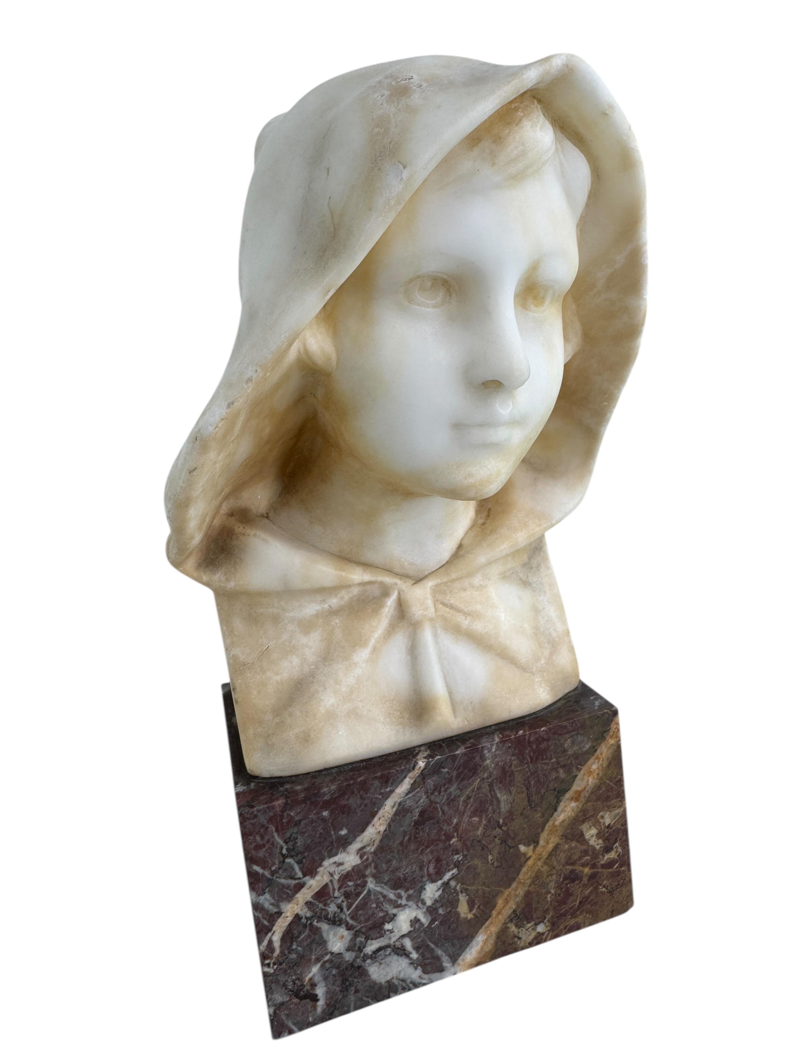 Mid-Century Modern Antique Art Nouveau White Marble Bust of a Female Lady Wearing a Bonnet For Sale