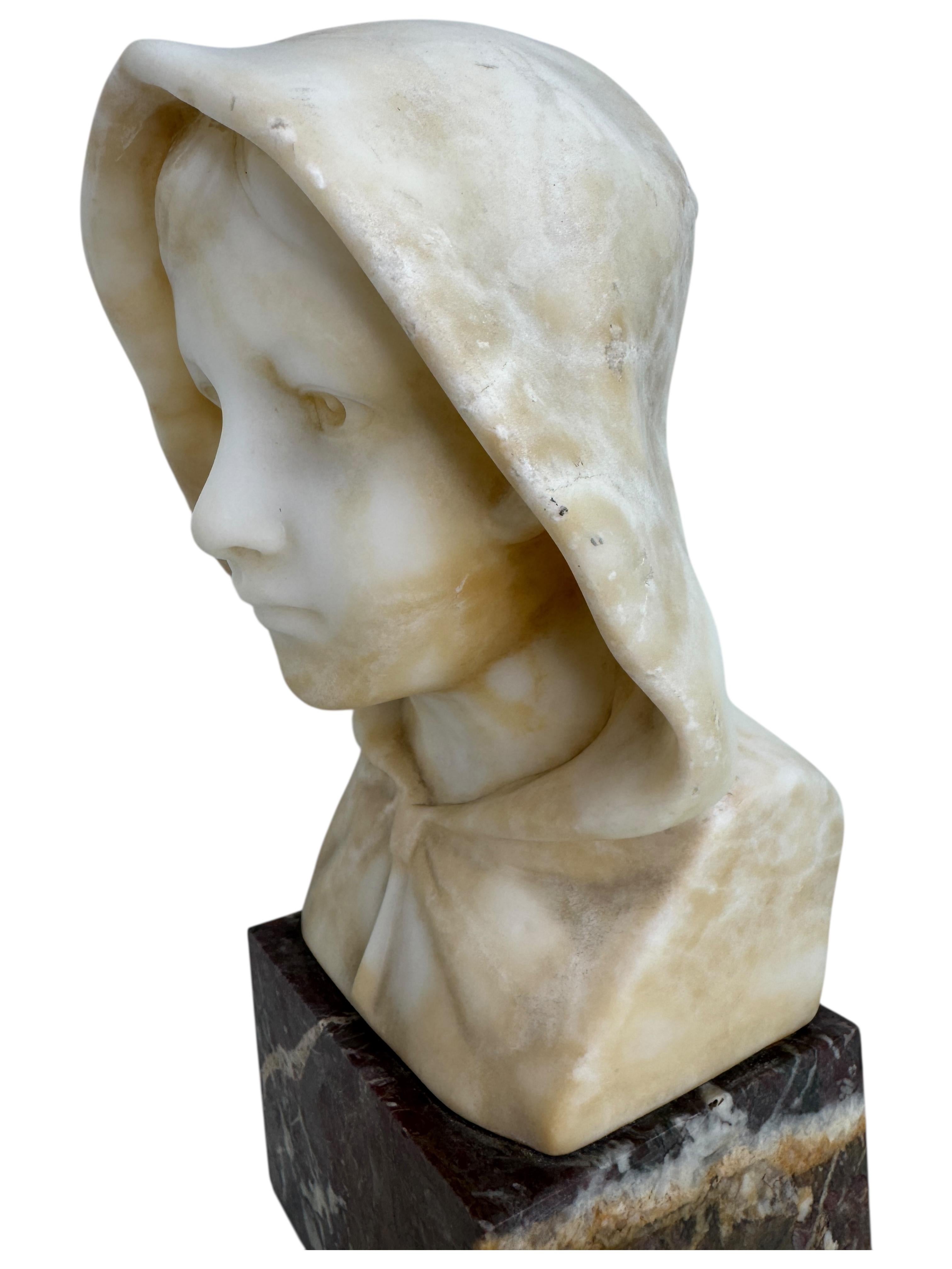Antique Art Nouveau White Marble Bust of a Female Lady Wearing a Bonnet For Sale 1