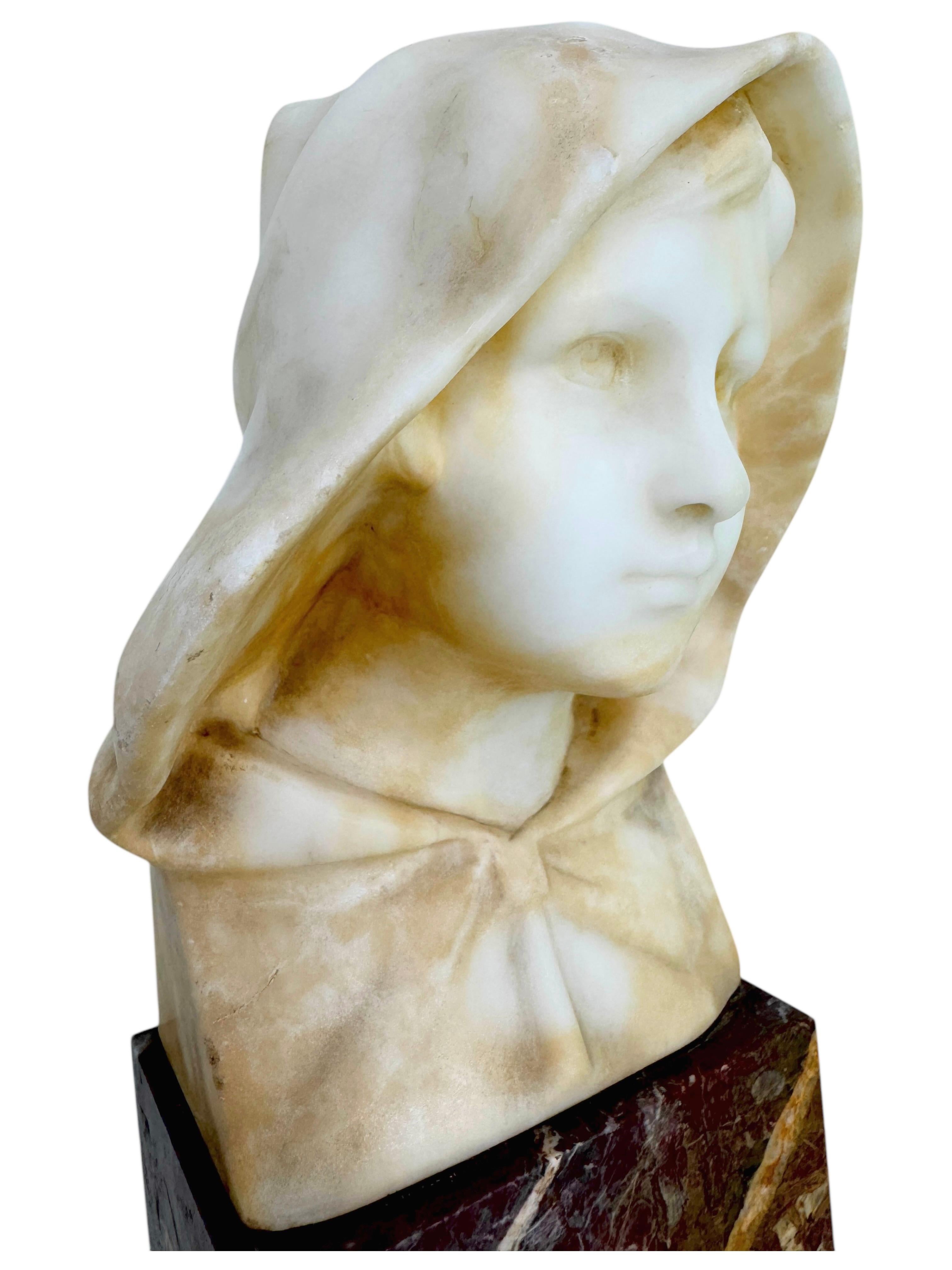 Antique Art Nouveau White Marble Bust of a Female Lady Wearing a Bonnet For Sale 2
