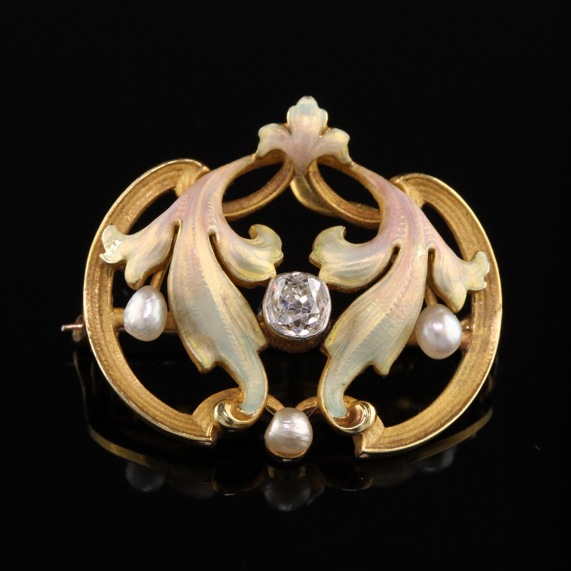 Antique Art Nouveau Whiteside and Blank 18k Gold Enamel Old Mine Diamond Pin In Good Condition In Great Neck, NY