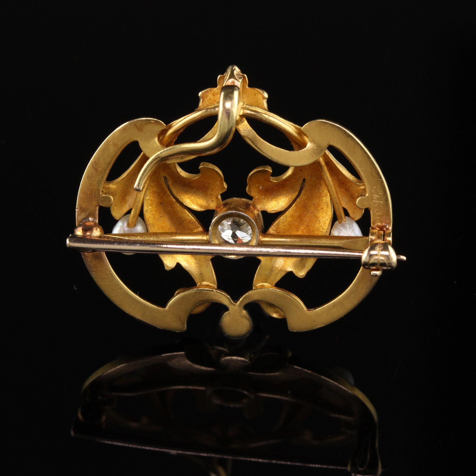 Women's or Men's Antique Art Nouveau Whiteside and Blank 18k Gold Enamel Old Mine Diamond Pin