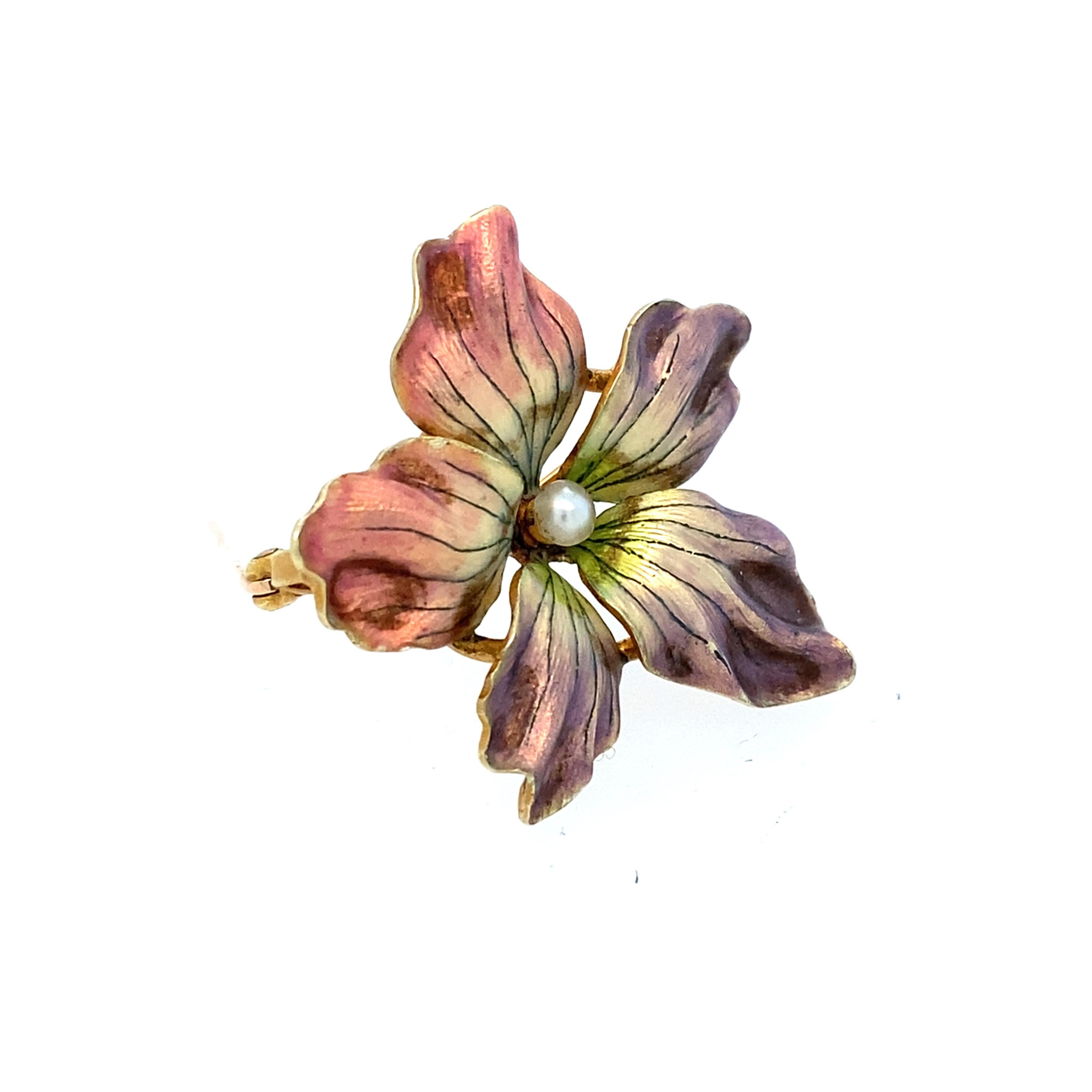 Round Cut Antique Art Nouveau Whiteside & Blank 14KY Gold Enamel & See Pearl Flower Brooch For Sale