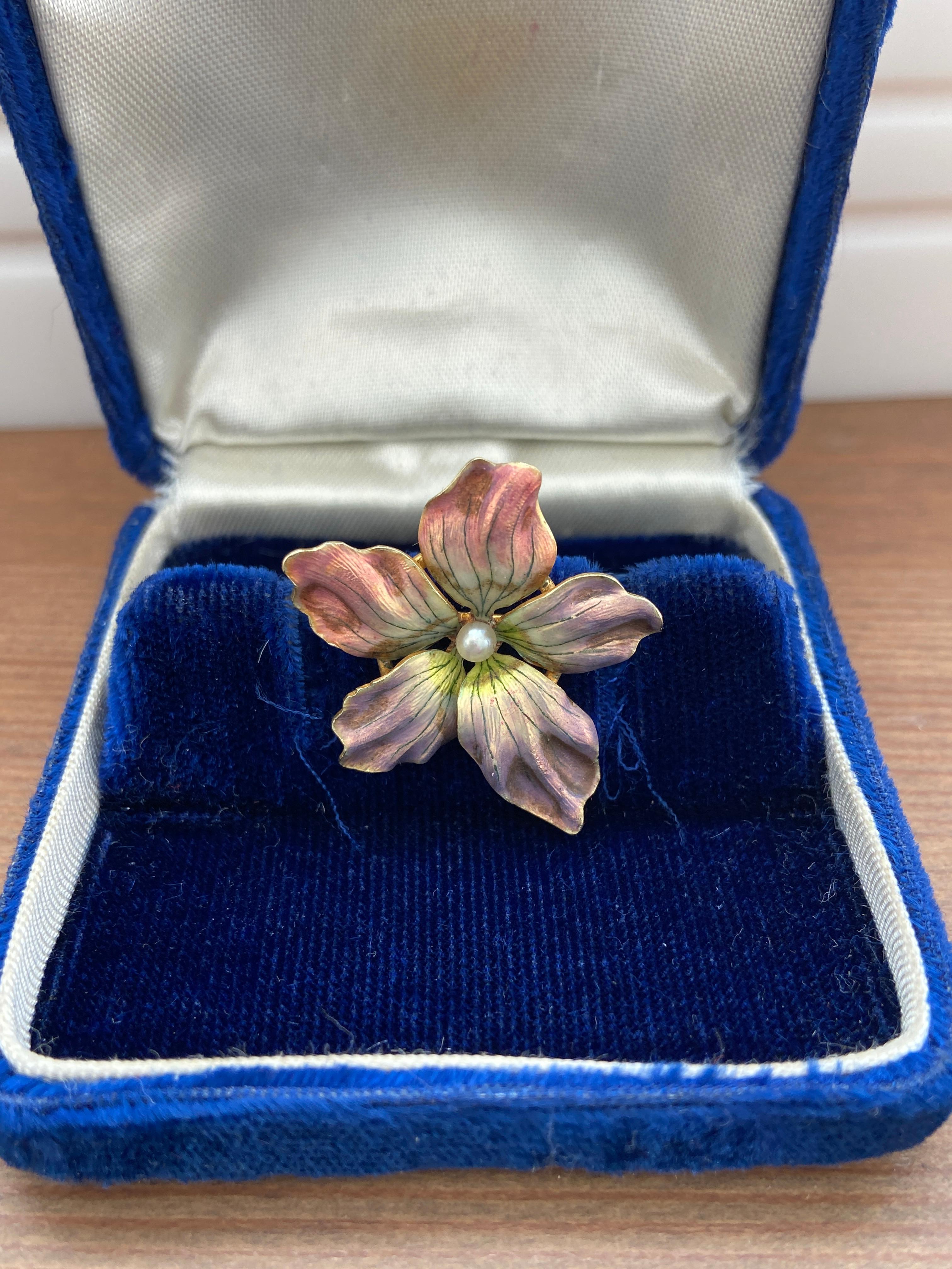 Women's or Men's Antique Art Nouveau Whiteside & Blank 14KY Gold Enamel & See Pearl Flower Brooch For Sale