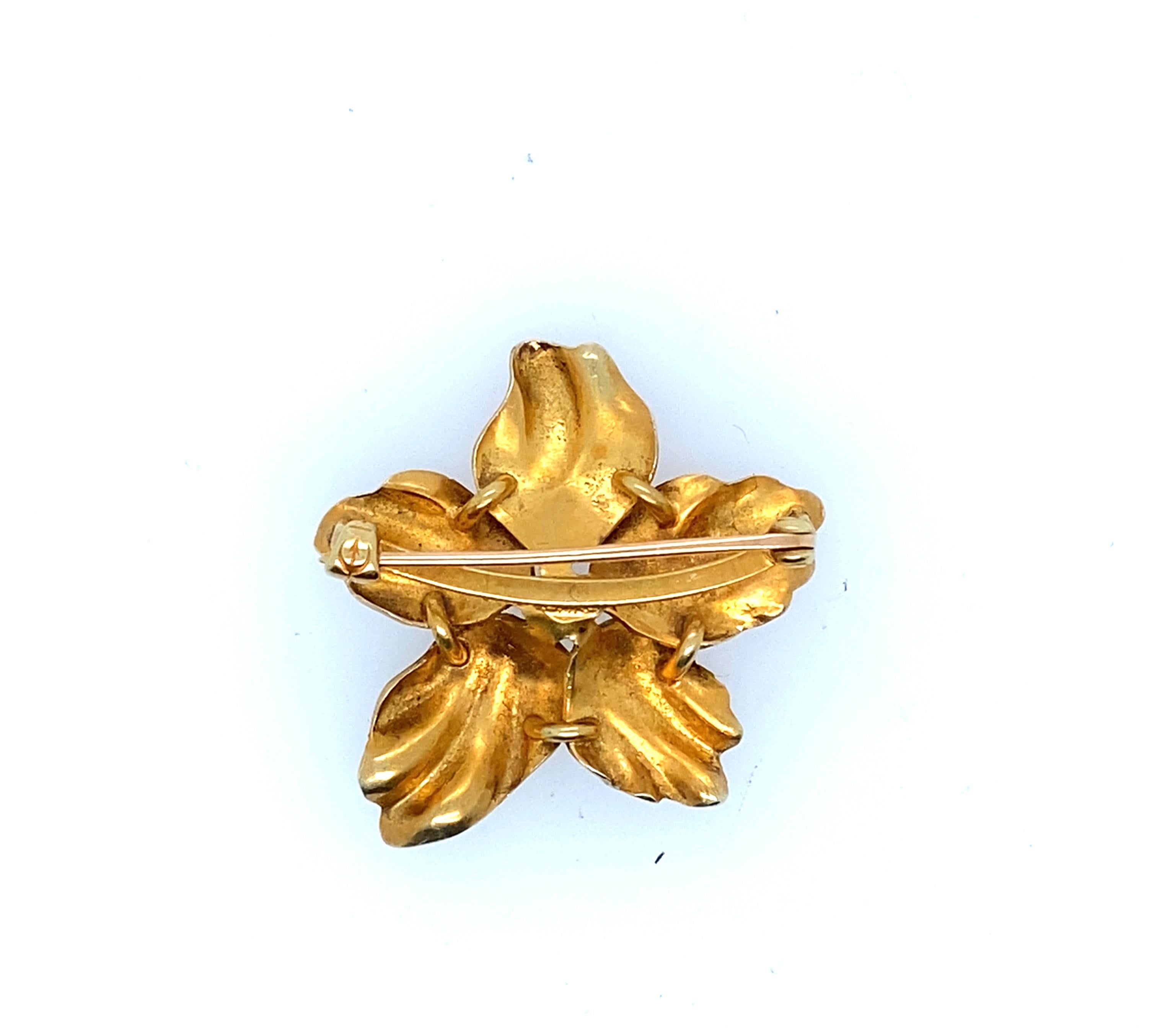 Antique Art Nouveau Whiteside & Blank 14KY Gold Enamel & See Pearl Flower Brooch For Sale 1