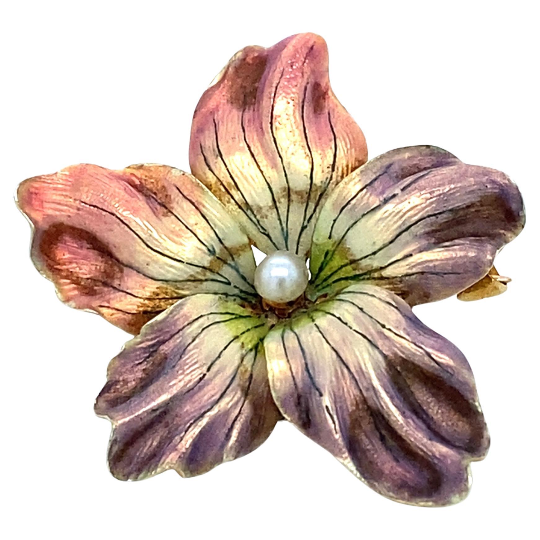 Antique Art Nouveau Whiteside & Blank 14KY Gold Enamel & See Pearl Flower Brooch For Sale