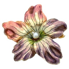 Antique Art Nouveau Whiteside & Blank 14KY Gold Enamel & See Pearl Flower Brooch