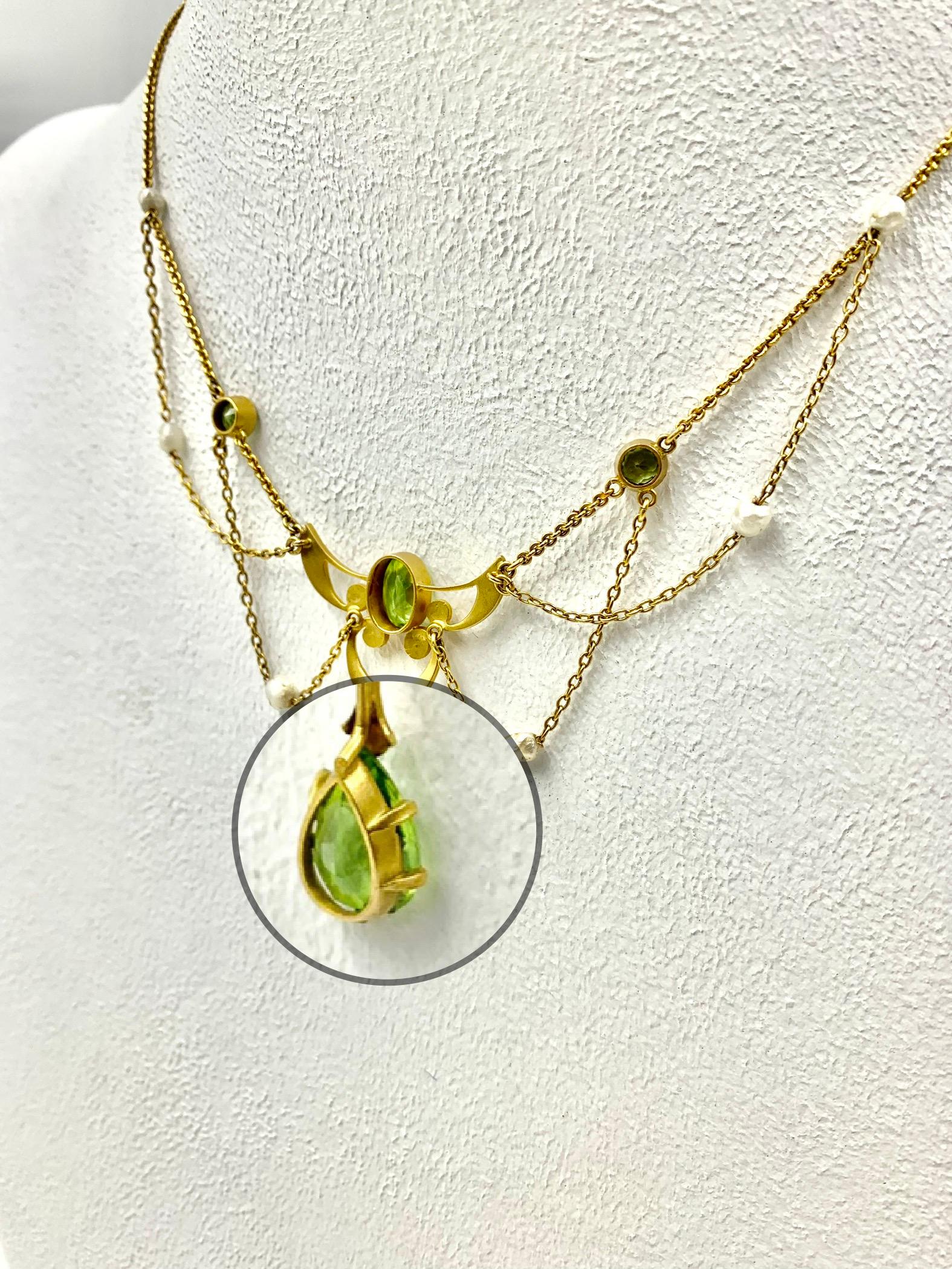 Mixed Cut Antique Art Nouveau Winged Heart Peridot Pearl 14K Gold Edwardian Necklace For Sale