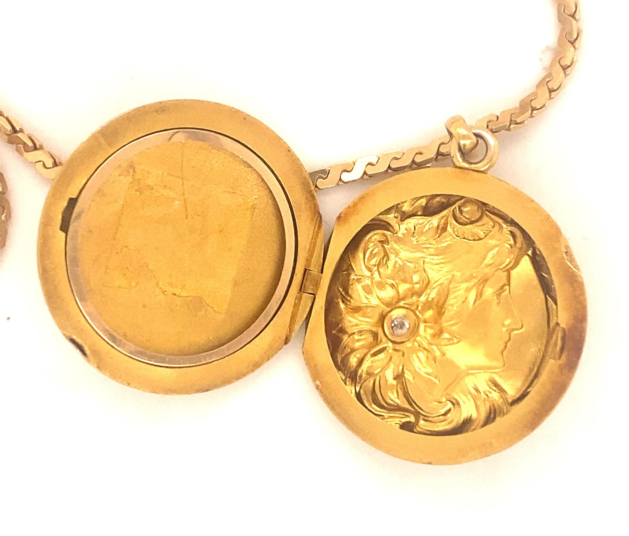 Antike antike Jugendstil-Medaillon-Halskette mit Porträt-Diamant 14K Gold im Angebot 1